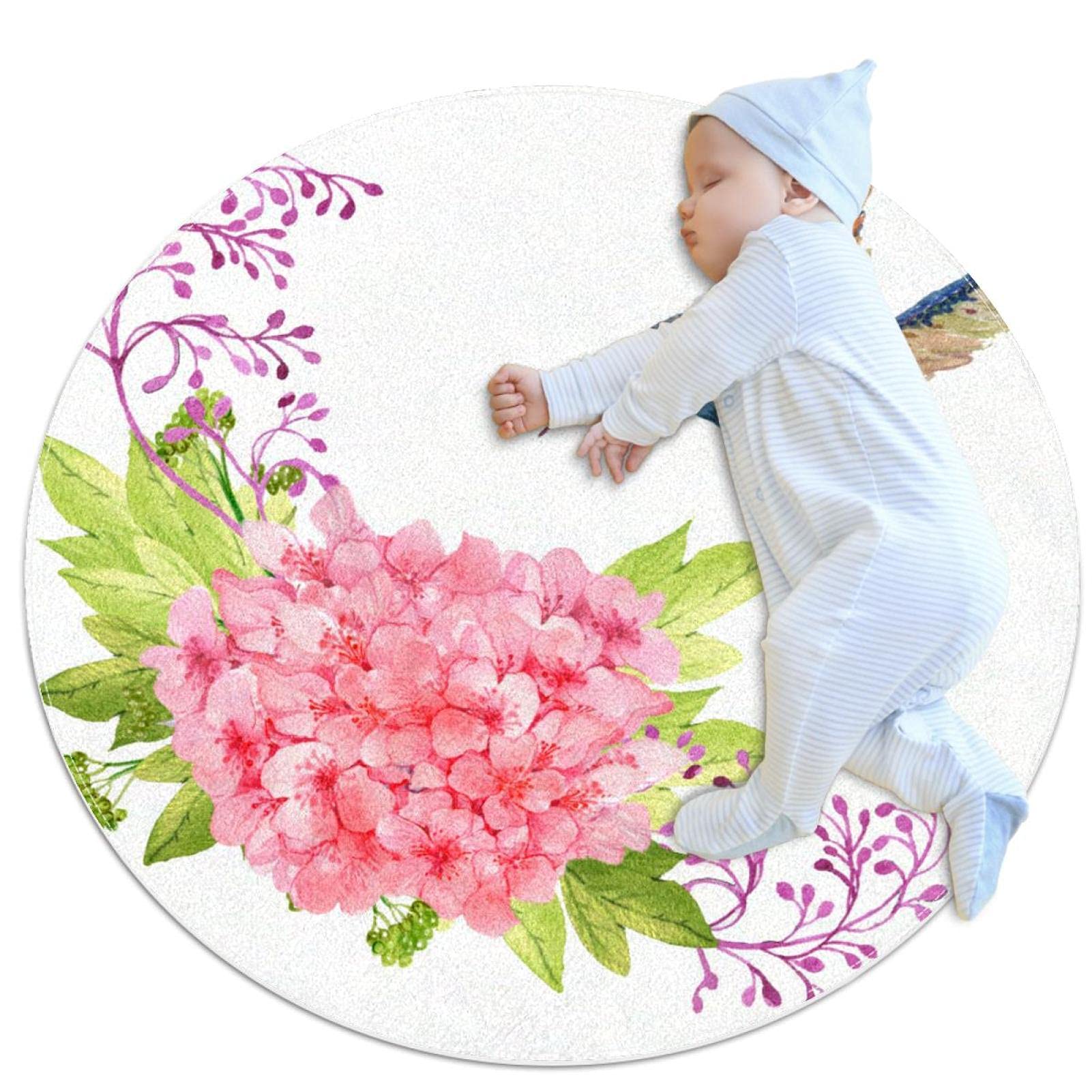 Tapis de jeu enfants Colibri Fleur - Tapis rond chambre fille garçon motifs animaux 80cm