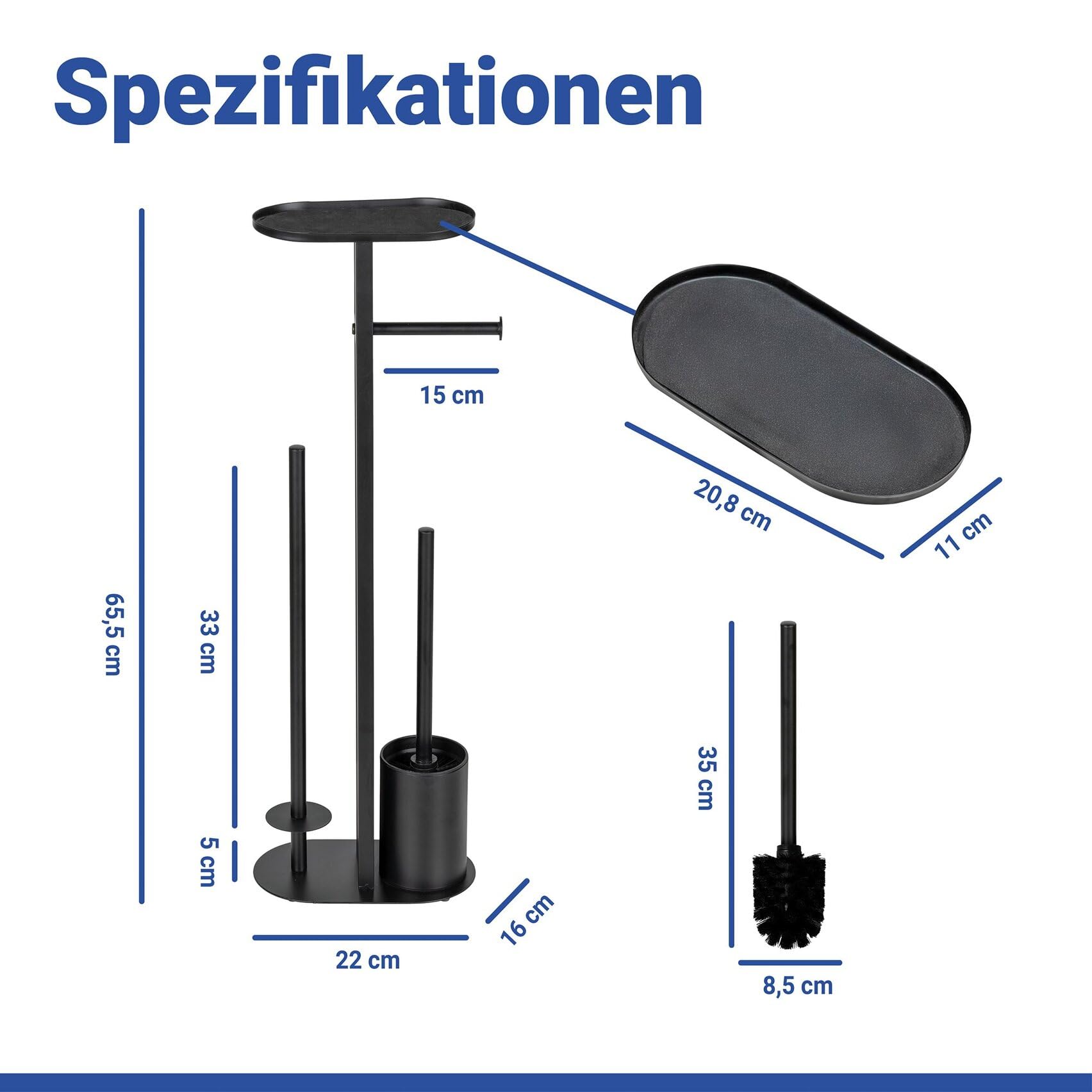WENKO Stand WC-Garnitur Mod. Orea aus Stahl mit schwarzem Trennglas, WC Bürste, Toilettenpapierhalter, Ersatzrollenhalter für bis zu 4 Rollen und Smartphone-Ablage, stehend, ohne Bohren, schwarz