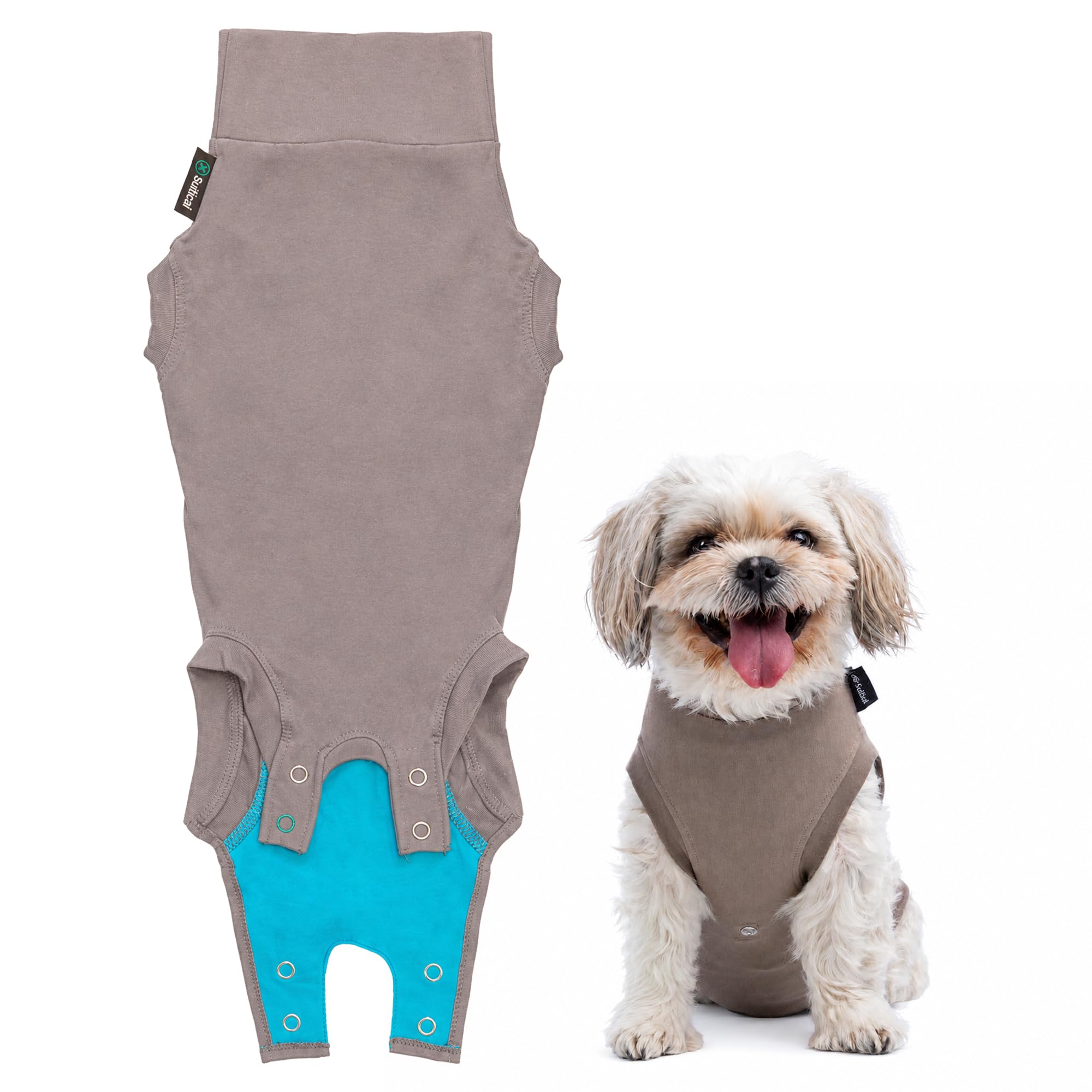 Suitical - The Original Dog Surgery Recovery Suit - Replace E-Collar & Cone - Spay, Neuter, Wounds, Prevent Licking - XSmall - Neck to Tail 15.7-17.7in - Chest 18-24in - Weight 18-28lbs Sandstone Grey