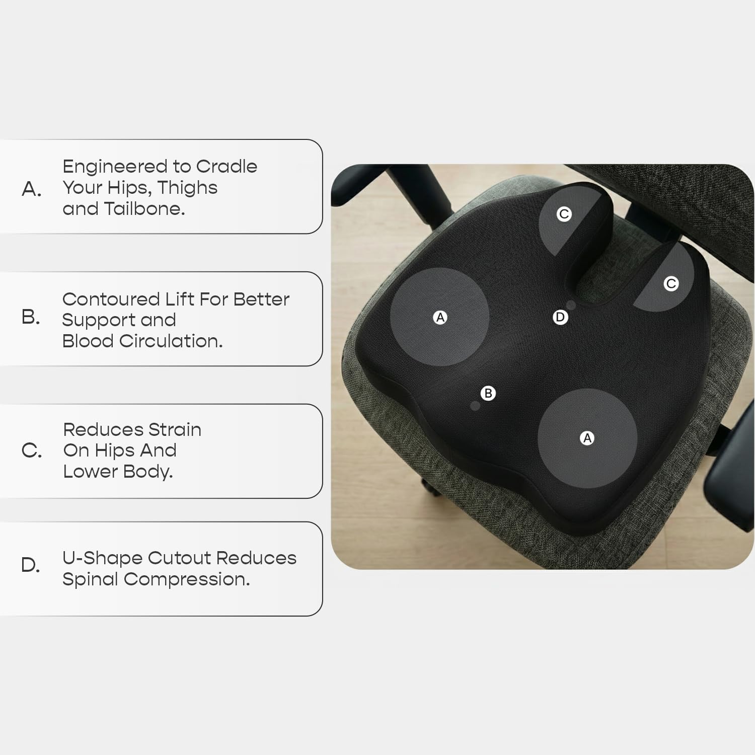 SleepyCat Pro Seat Cushion | Ergonomic Memory Foam Cushion | Enhanced Comfort Posture Support | Premium Perforated Breathable Foam | Anti-Skid Base | Washable Cover | Office Chair Car Seat | Black 2