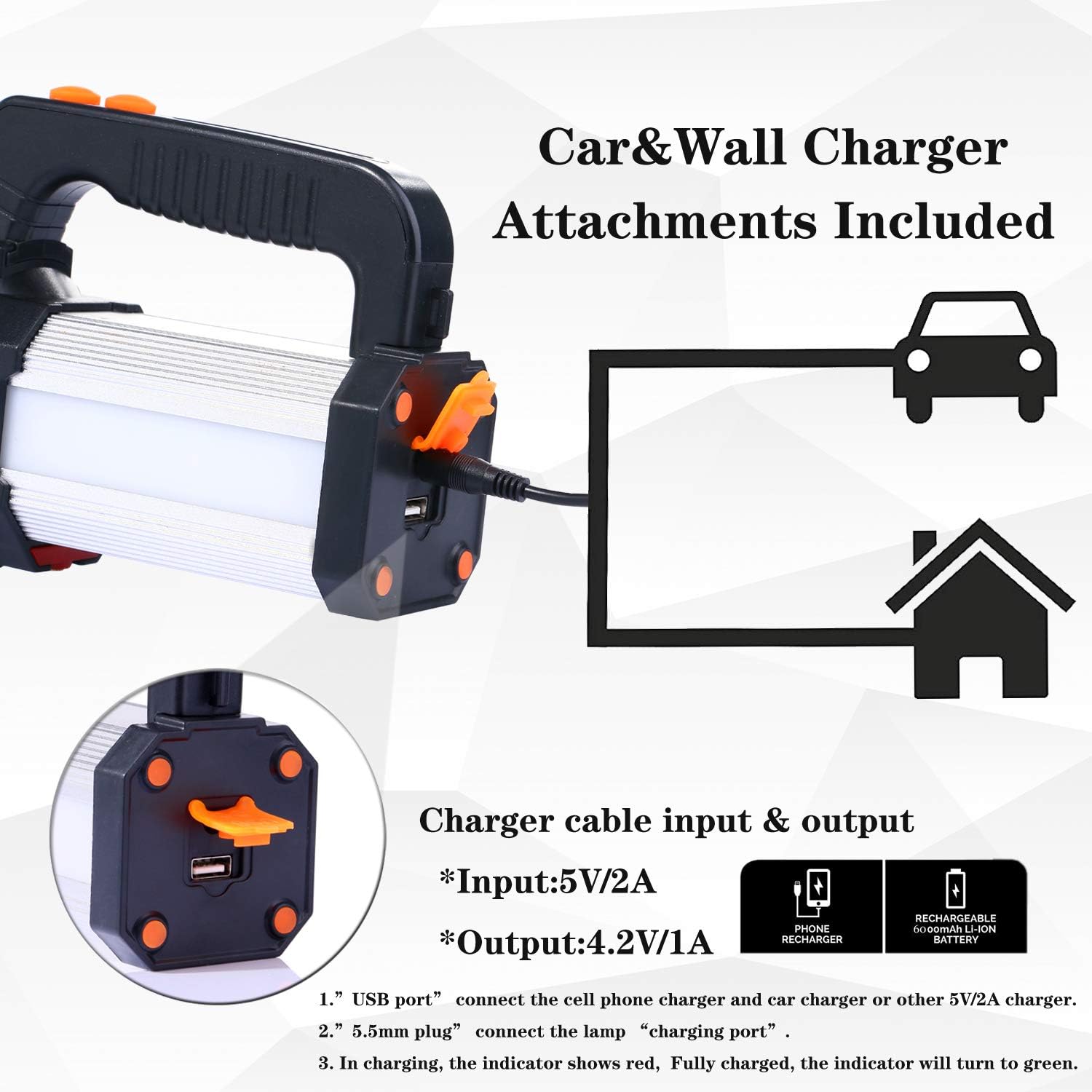 TONGNAN LED Handheld Flashlight Rechargeable Searchlight 8000 lumens Super Bright Handheld Spotlight 6600mAh Battery Powered High Power Waterproof Searchlight 6 Modes（Silver) : Tools & Home Improvement