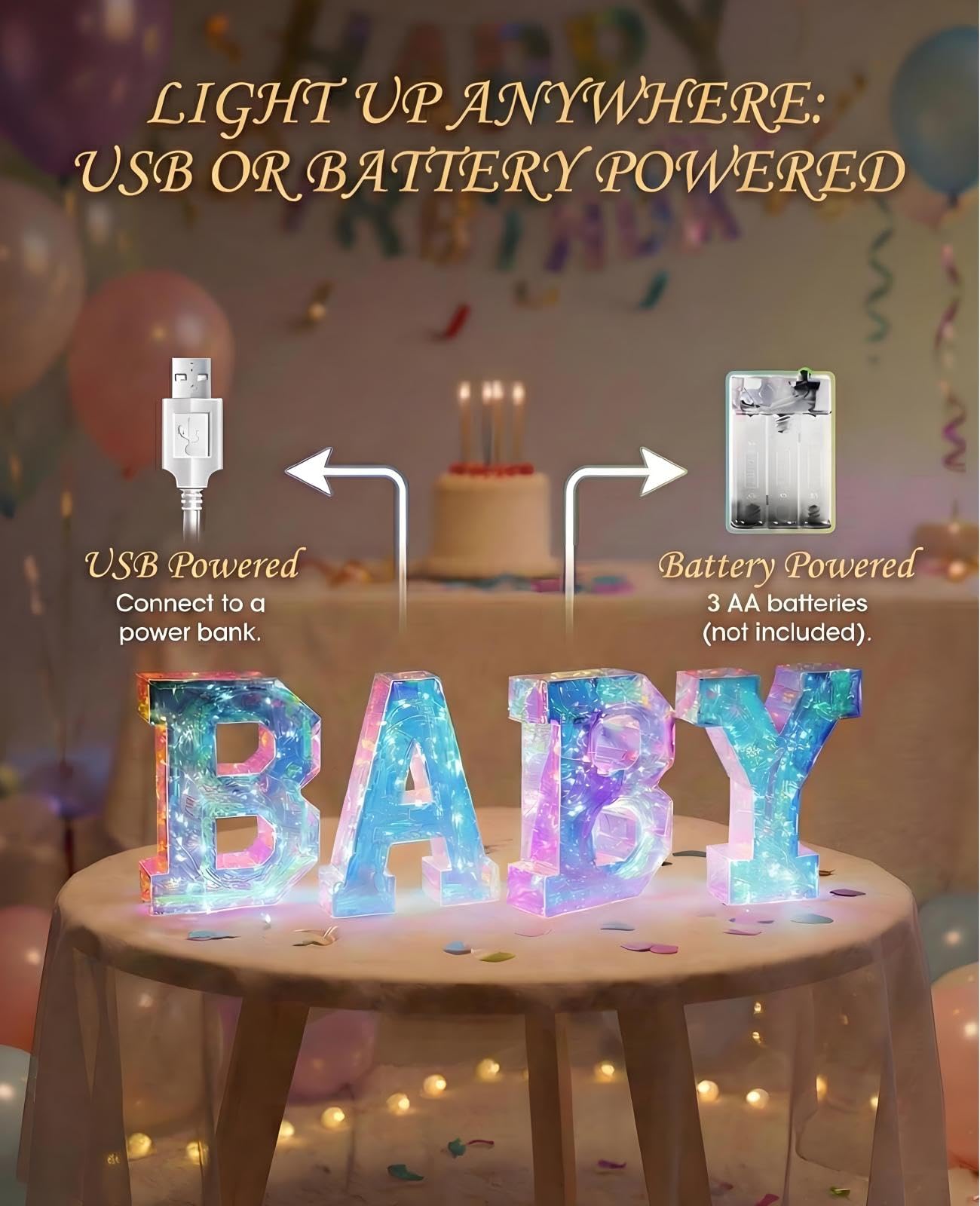 AceList Letras decorativas para bebé, 70 luces LED iridiscentes, luces de hadas para dulces 16, fiesta de cumpleaños, baby shower, boda, graduación, decoración de vacaciones