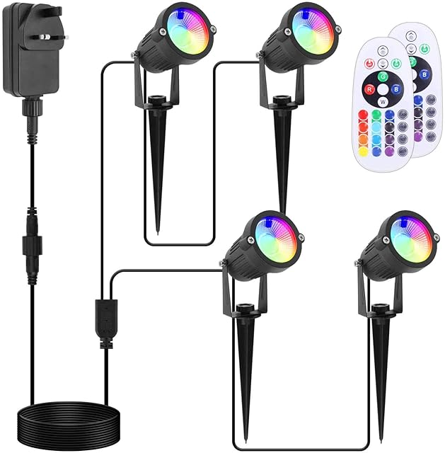 APONUO RGB Garden Pathway Lighting with Adapter, 30m/98.4ft 12V LED Landscape Lights with Remote Control IP66 Waterproof Color Changing Decorative Spotlights(4 Pack)[Energy Class A++]