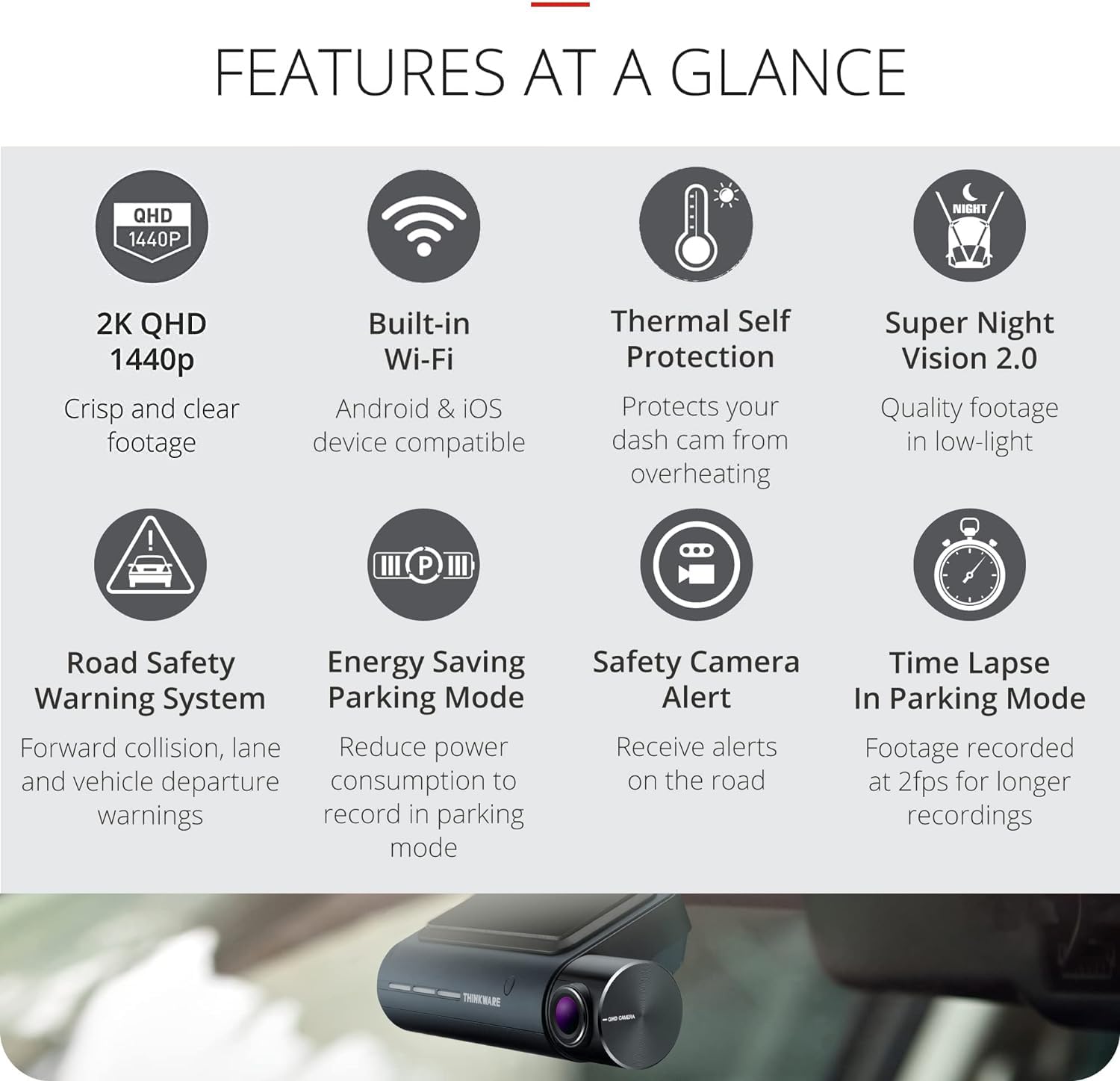 Thinkware Q850 Dash Cam QHD 1440p - Telecamera da cruscotto anteriore con super visione notturna, app connessa - Include cavo di alimentazione per batteria, modalità di parcheggio sicuro e scheda SD