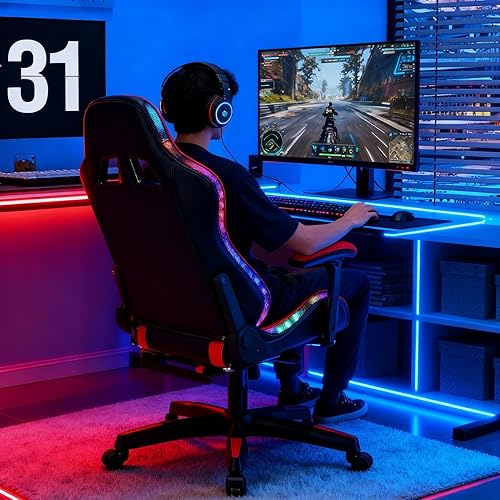 Miniatura 2 de Silla de juegos con altavoces Bluetooth y luces LED, silla ergonómica de masaje para computadora, altura ajustable, silla de videojuegos con asiento
