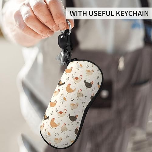 Vista 4 de Sun Glasses Case Soft - Cute Countryside Chicken Print Travel Slim Eyeglass Case with Clip, Neoprene Glasses Pouch Sunglass Organizer for Women Men