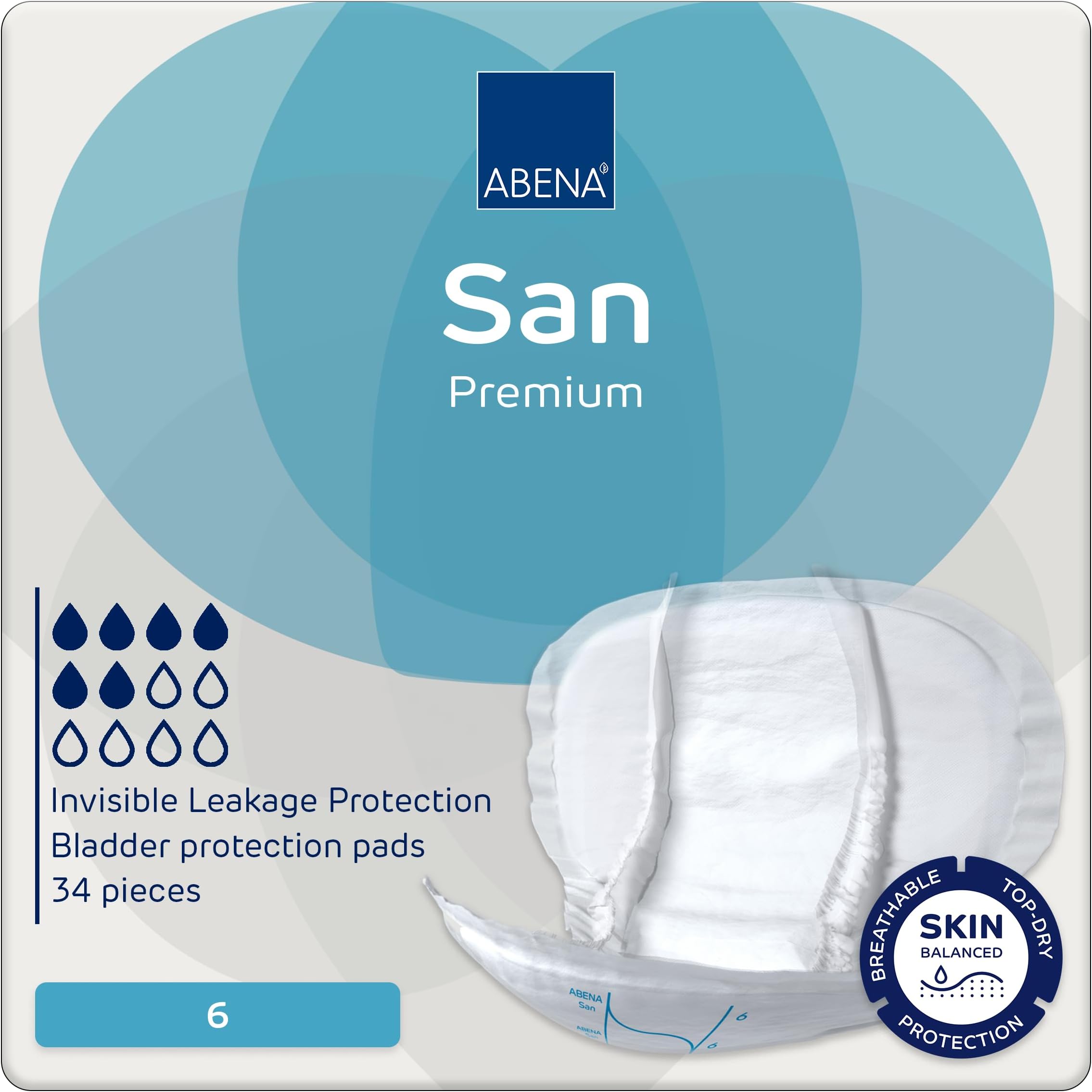 San Premium Mens & Womens Incontinence Pads, Breathable & Comfortable, Fast Absorption, Discreet & Effective Shaped - Premium 6, 1600ml Absorbency, 34PK