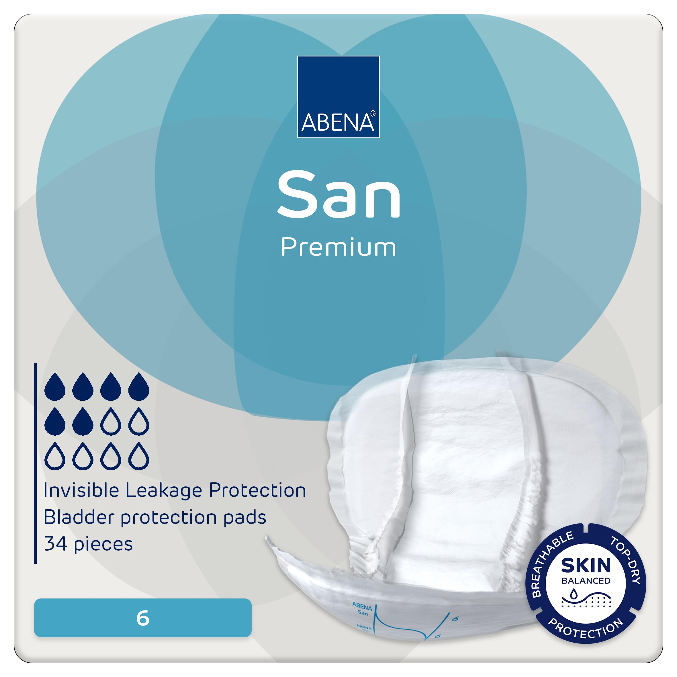 ABENA San Premium Mens & Womens Incontinence Pads, Breathable & Comfortable, Fast Absorption, Discreet & Effective Shaped - Premium 6, 1600ml Absorbency, 34PK