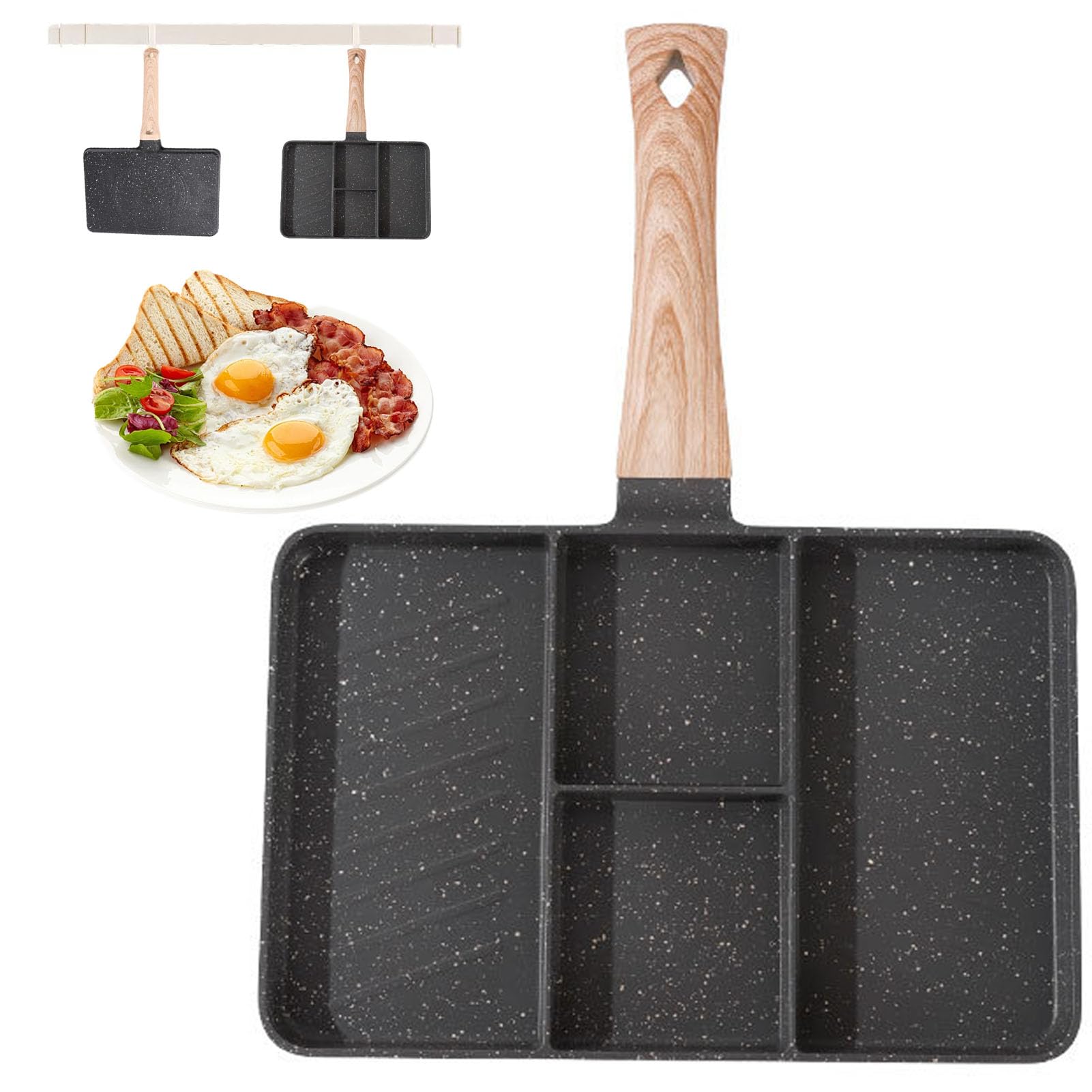 VAODO 4-Grid Breakfast Pan, Nonstick Grill Pan, Multifunctional 4 in 1 Steak Griddle Pan, Compatible with All Stoves, Free of PFOA and PTFE, Black