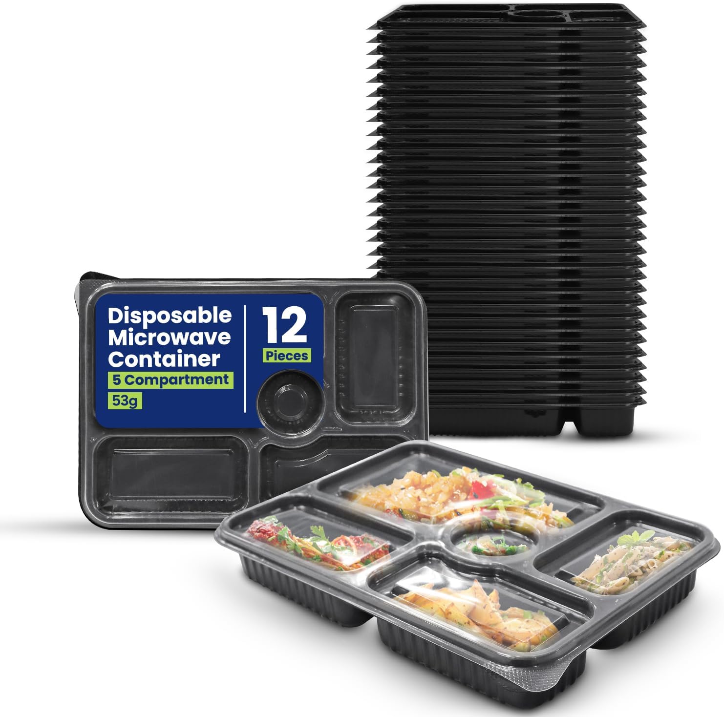 Packing 12 Pieces Microwave Disposable Container With Lid Rectangular - 5 Compartment Meal Prep Container Set - Plastic Container For Kitchen Food Storage - Take Away Containers For Lunch Boxes