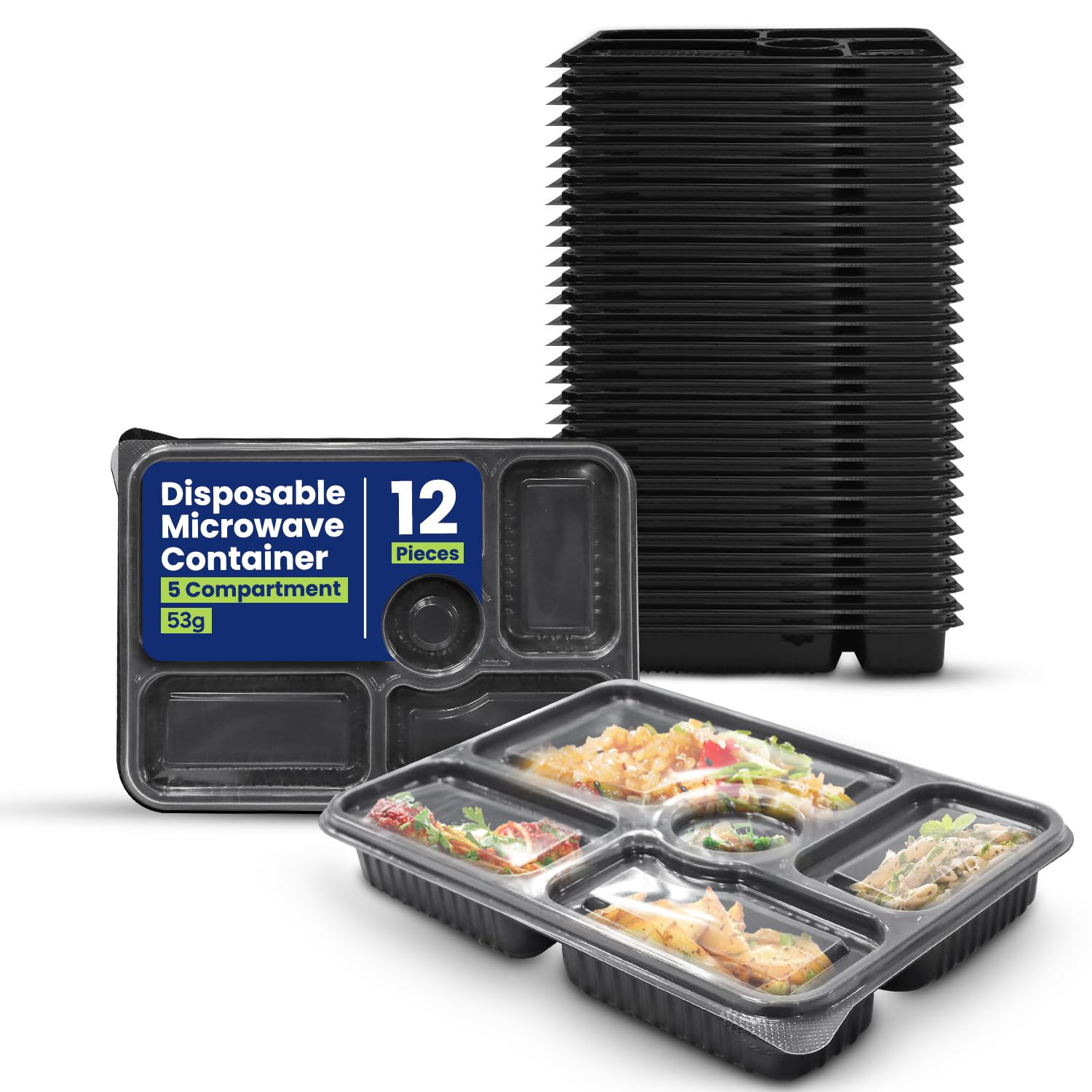 SNH Packing 12 Pieces Microwave Disposable Container With Lid Rectangular - 5 Compartment Meal Prep Container Set - Plastic Container For Kitchen Food Storage - Take Away Containers For Lunch Boxes