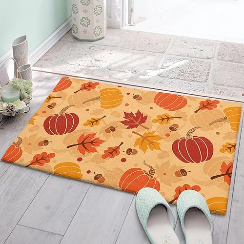 Thanksgiving Pumpkin Doormat Fall Soft Non Slip Bath Rugs,Maple Leaf Seamless Entryway Fuzzy Carpet,Farm Berry Indoor Floor Cozy Mats,Washable Door
