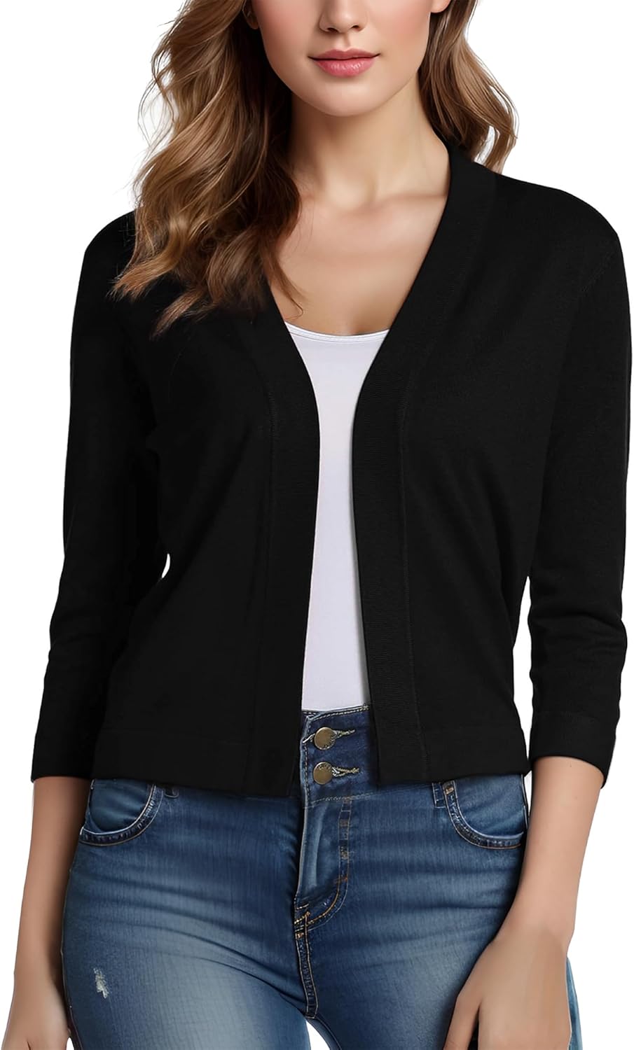 Women's 3/4 Sleeve Open Front Cropped Cardigan Sweater Elegant Shrug for Dresses & Jeans