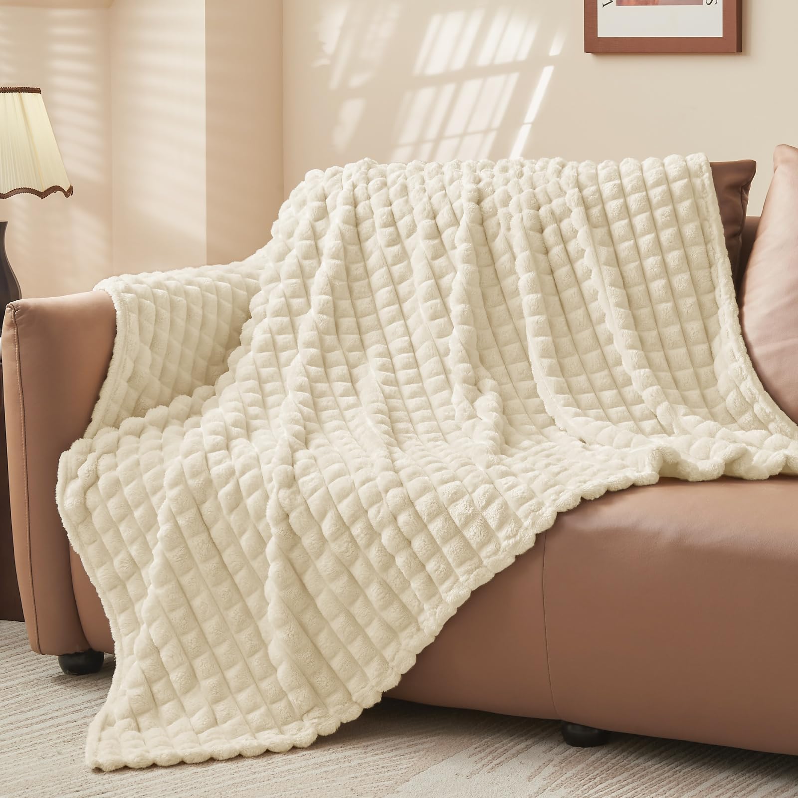 Bedelite Women's Beige Fluffy Fleece Throw Blanket - Sofa Throw Checkered Design Soft Cosy Warm Small Blankets For Single Bed, Gifts For