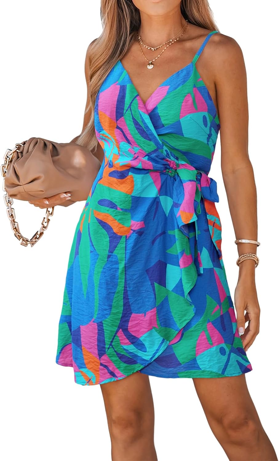 CUPSHE Women Spaghetti Strap Summer Dress Surplice V Neck Wrap Waist Tie Casual Beach Sundress Holiday Vacation Mini Dress