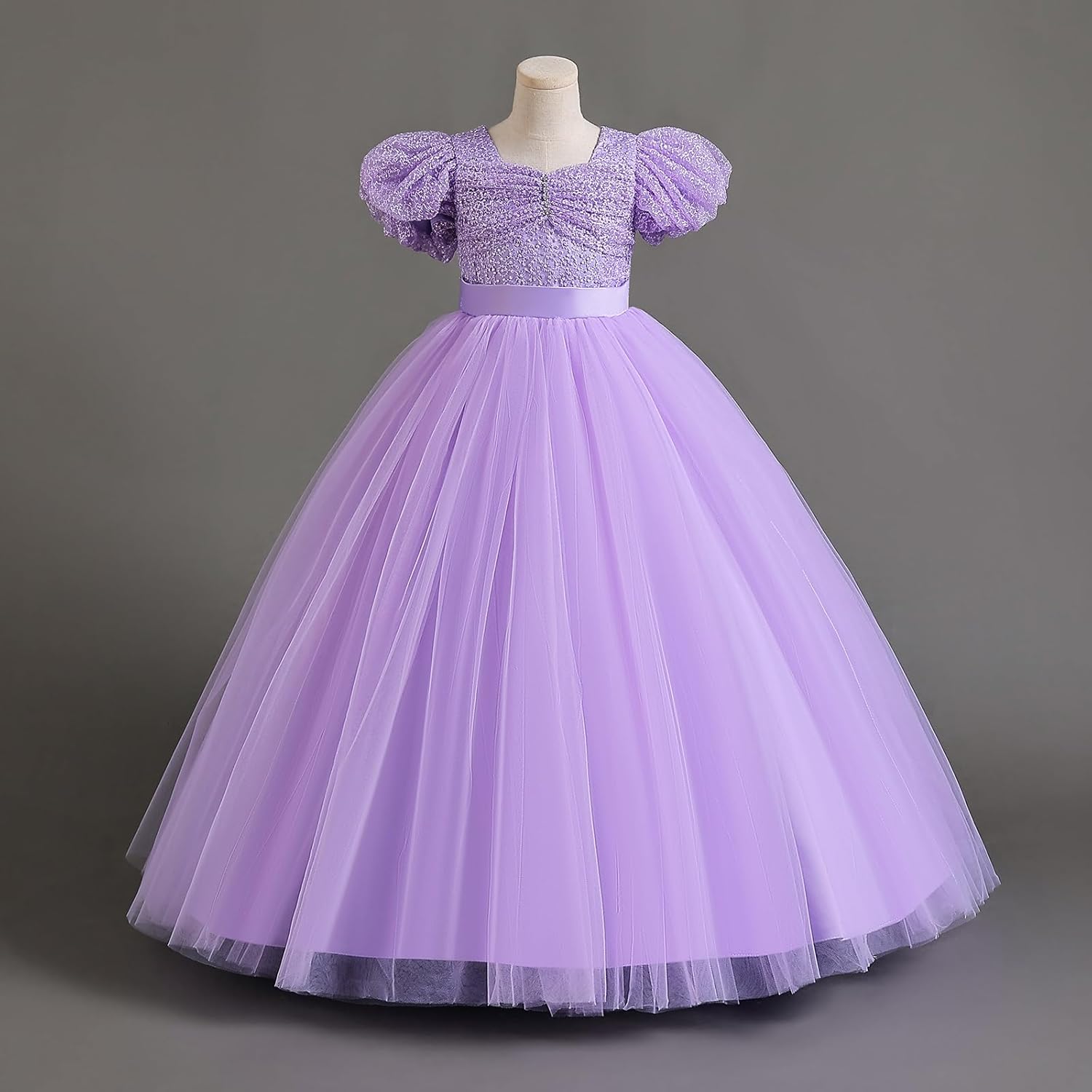 IDOPIP Flower Girl Sequin Lace-up Bow Dress for Kid Wedding Bridesmaid Pageant Party Formal Long Gown Communion Tulle Dresses - Image 3