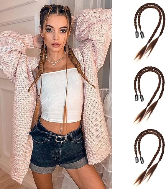 6Pcs Braid Hair Extensions Baby Braids Front Side Bang Curtain Straight Ponytail Clip in Hair Extensions for Women Girls Kids Daily Use (Light Brown)