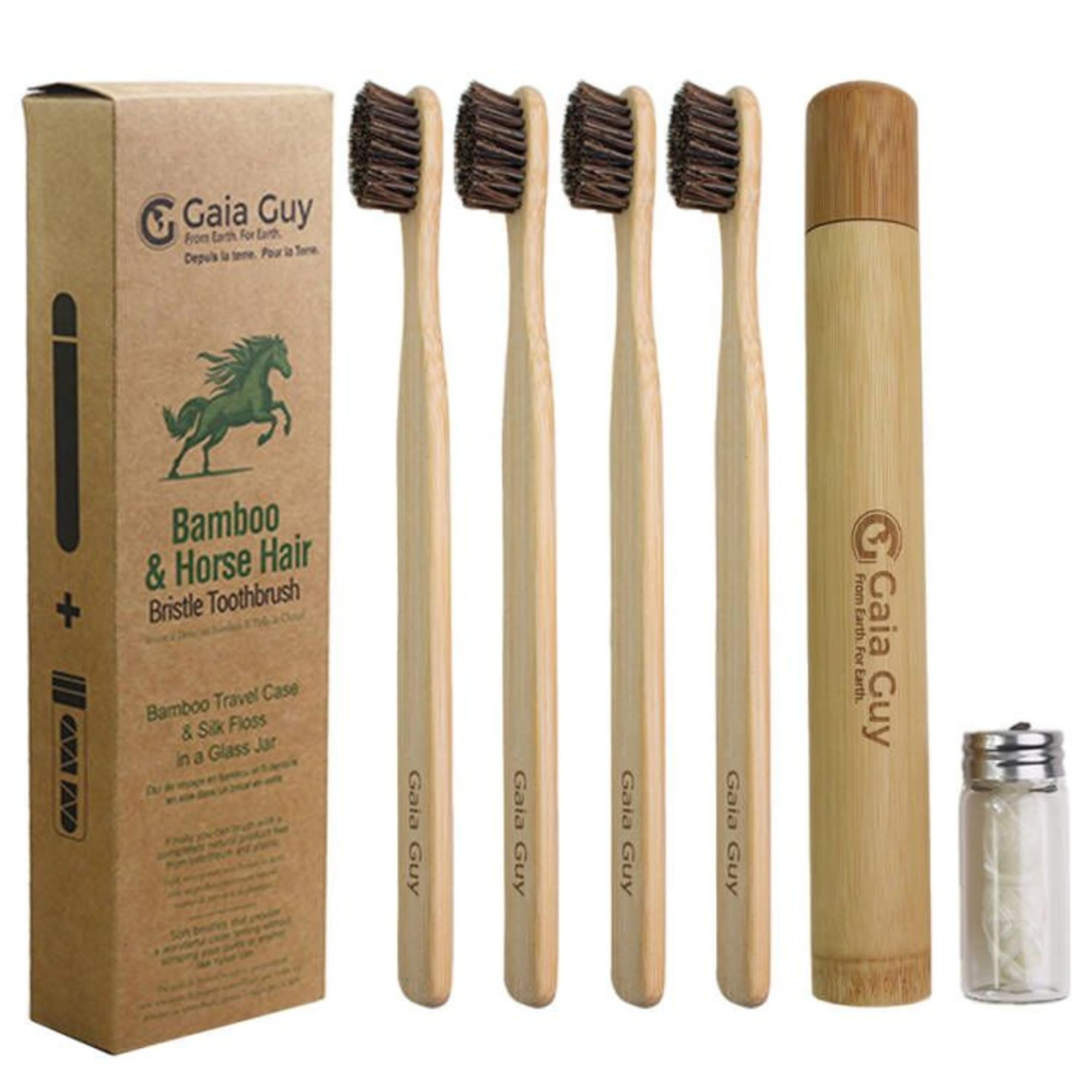 Gaia Guy Bamboo and Horsehair Bristle Toothbrush (4 Pack) + Travel Case & Silk Dental Floss | 100% Compostable Bristles and Floss | Eco-Friendly Dental Set | Biodegradable Wooden Toothbrushes