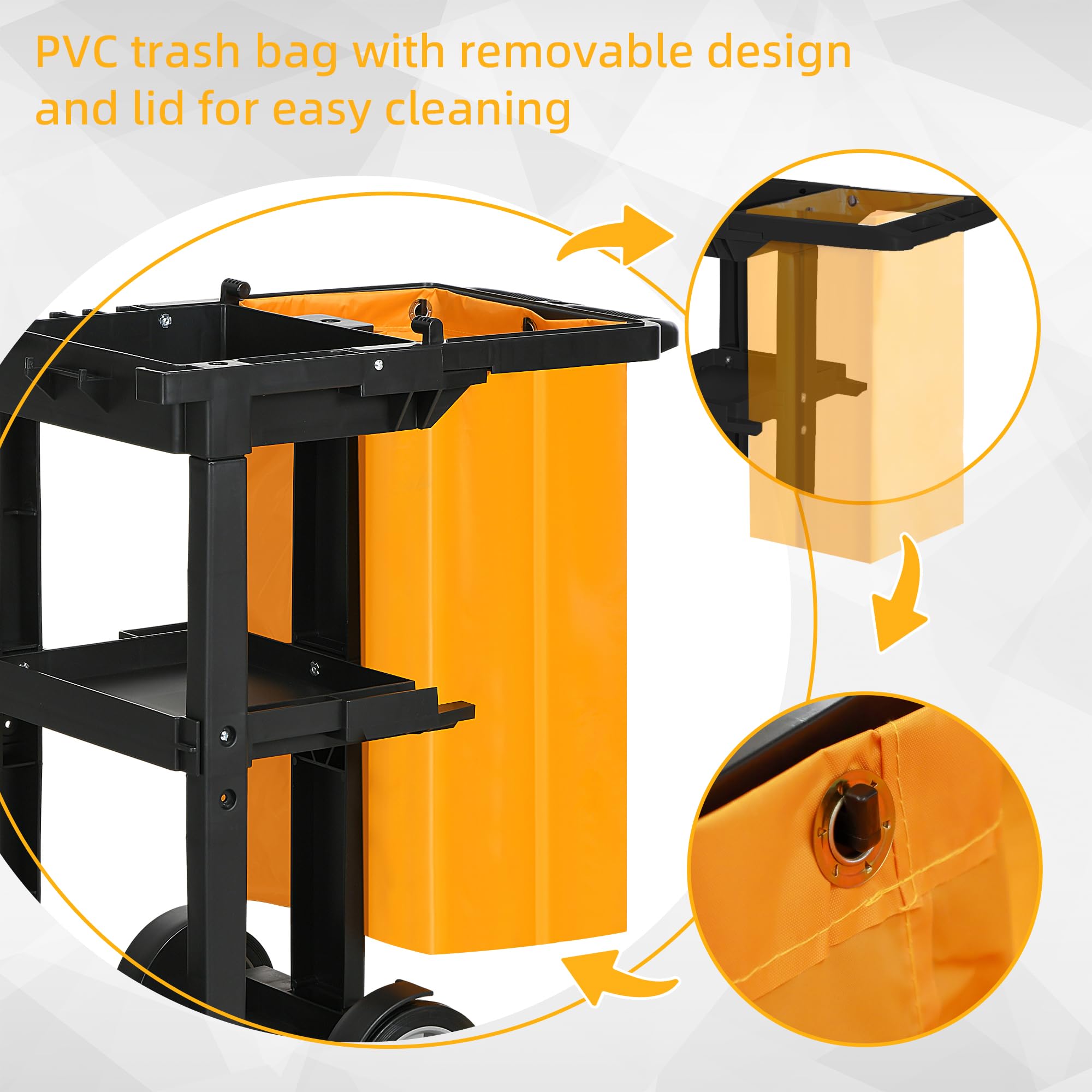 HOMCOM Chariot de Nettoyage Professionnel avec 3 étagères avec Crochets pour Balai et Sac de 100L, Chariot à roulettes en Plastique Polyvalent pour l'hôtel, l'hôtellerie et la Restauration,