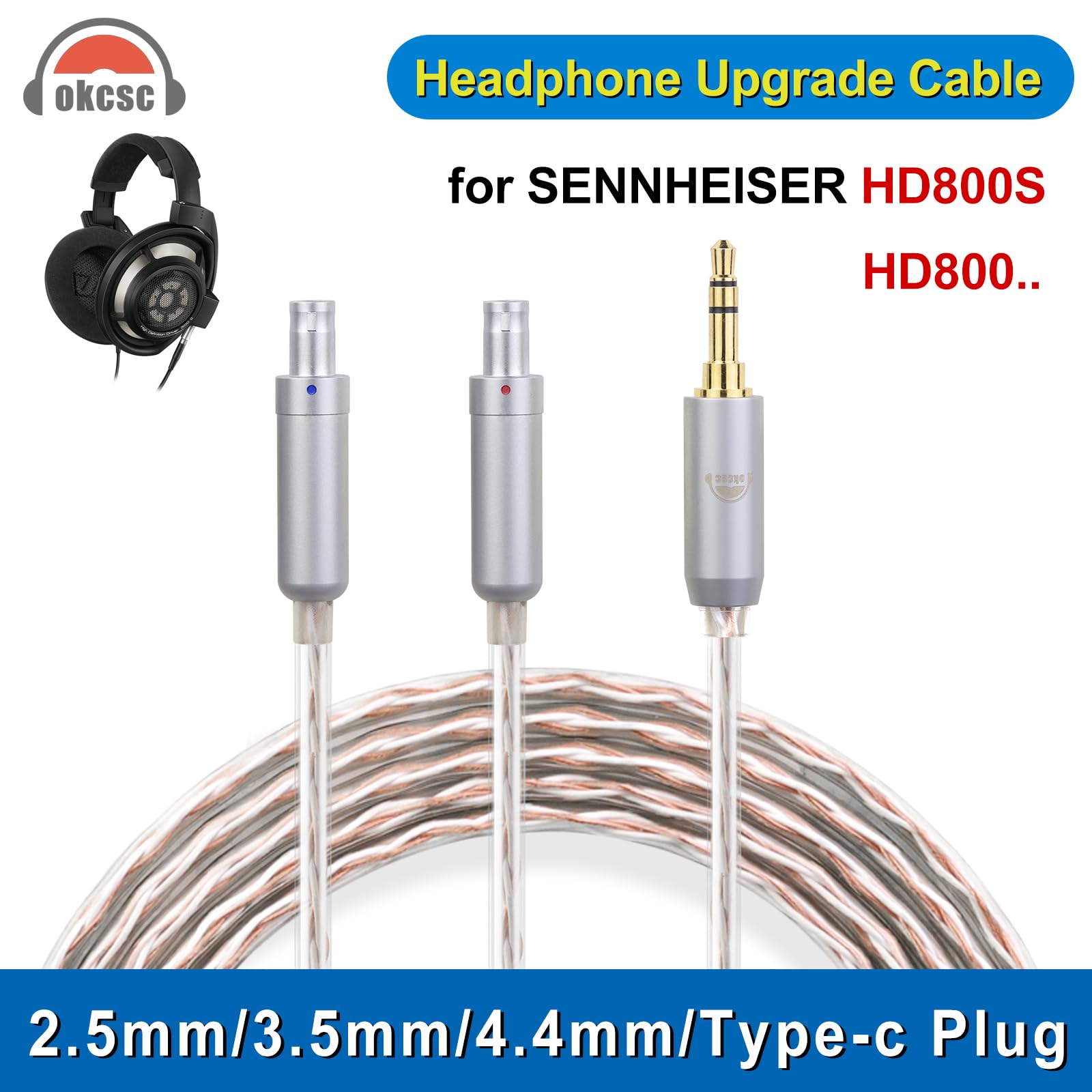 okcsc HD800s Headphone Cable, for Sennheiser Earbuds, 4 Core Configuration of 30 Pieces per Core, for Sennheiser Dharma HD800s HD820 HD800 D1000 4.4mm Plug 6.56FT