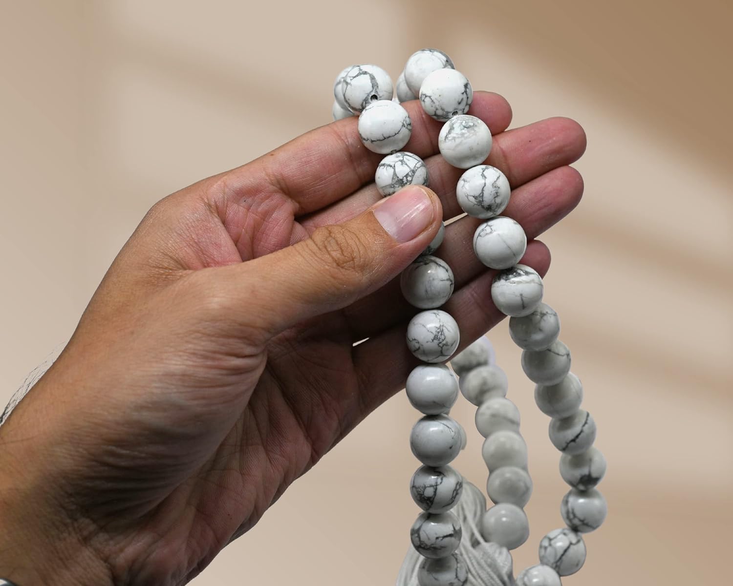Amazing Gemstone Howlite Crystal Farmhouse Decor Beads with Tassel - 38 Inches Crystal Bead Garland Decor for Farmhouse Wall Decor, Home, Coffee Table, Shelf - Rustic Country Boho Prayer Beads