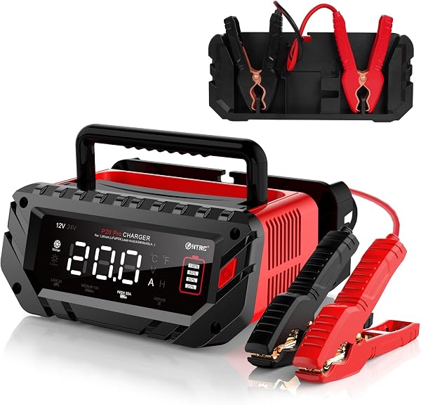 HTRC 12V/24V Car Battery Charger, 20A Chargers for Car Batteries, Battery Charger Car for Car, Motorcycle, Lawn Mower, Boat, Lithium, LiFePO4 and Lead Acid (AGM, Gel, MF, EFB, SLA, VRLA, Wet) - 1