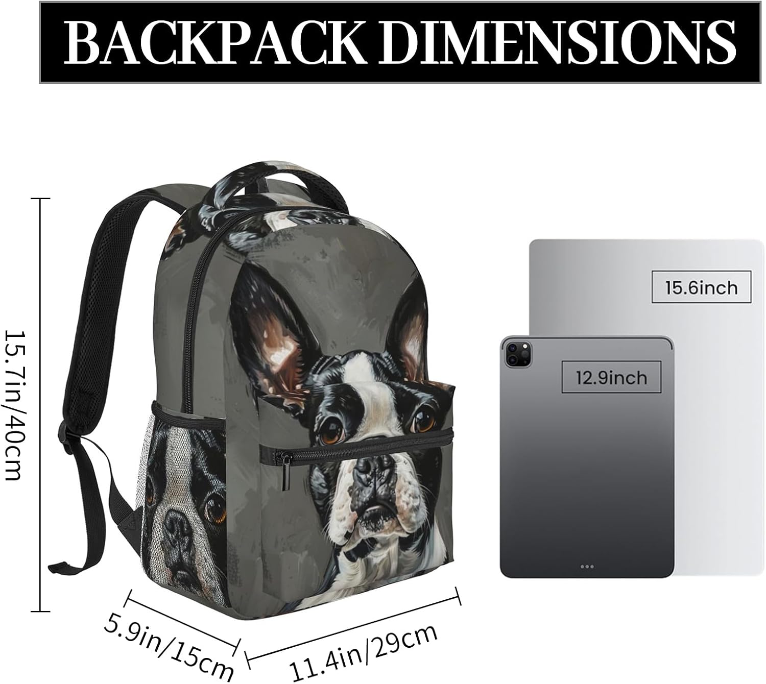 Boston Terrier Backpack, Travel Backpacks Laptop Rucksack for Women, School Bookbag for Kids Girls Boys Teens, Dog Back Pack Accessories Bag for Work, Ideal Gifts for Animal Lovers