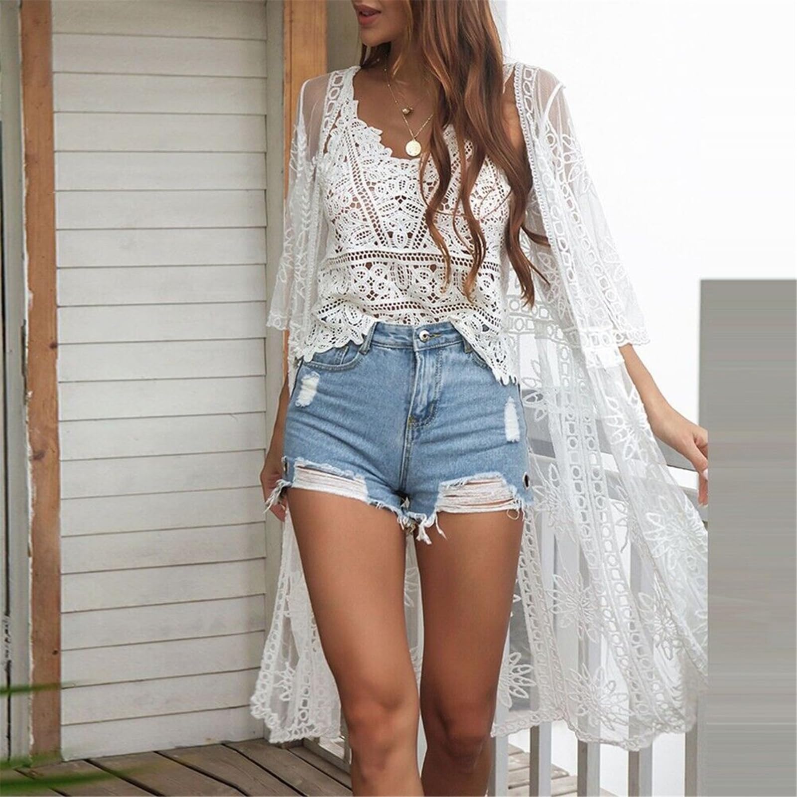Kimono de playa para mujer, con frente abierto, diseño de flores, traje de baño suelto