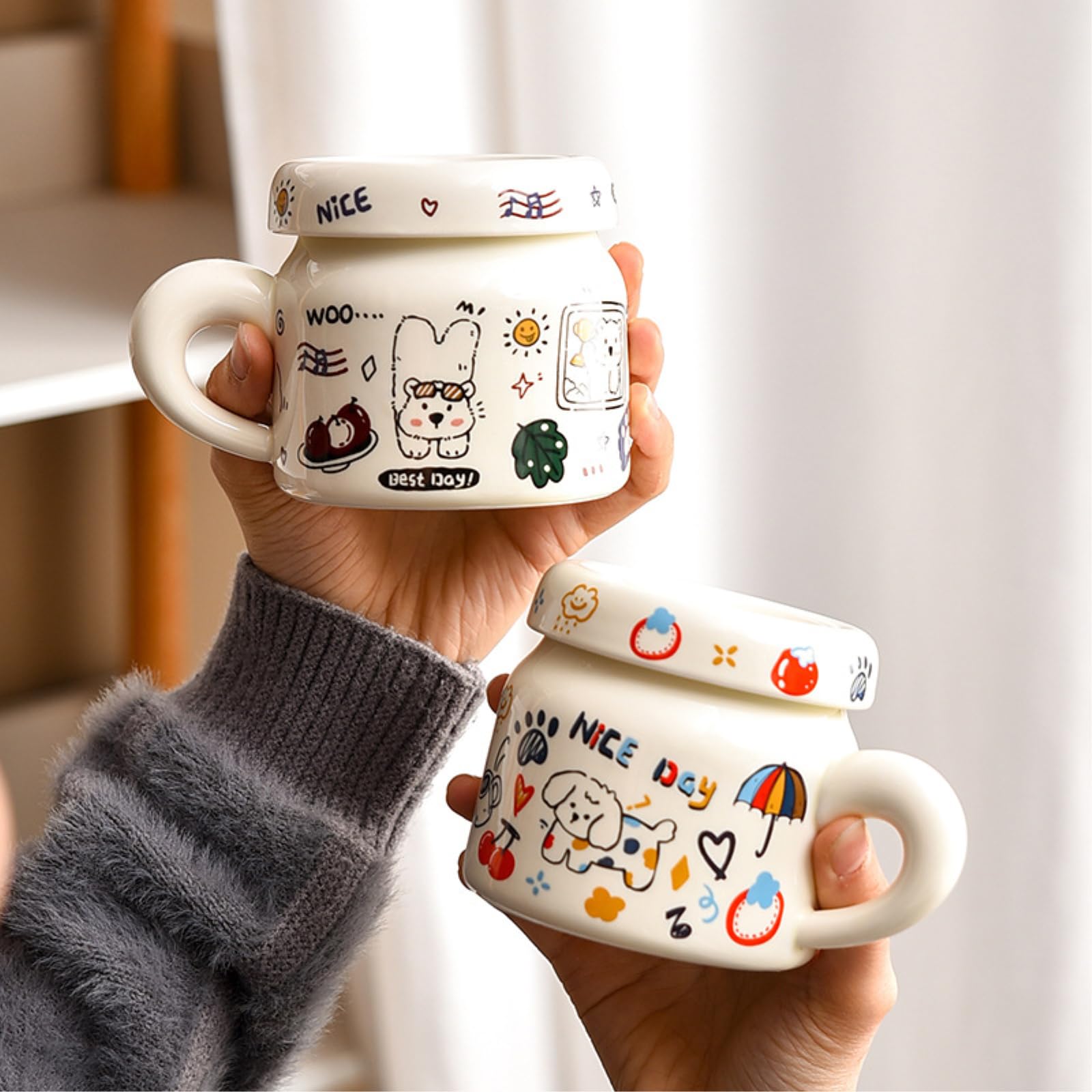 Taza de cerámica para cachorros de 400 ml con tapa, creativa, bonita taza de dibujos animados, divertida y divertida, 400 ml