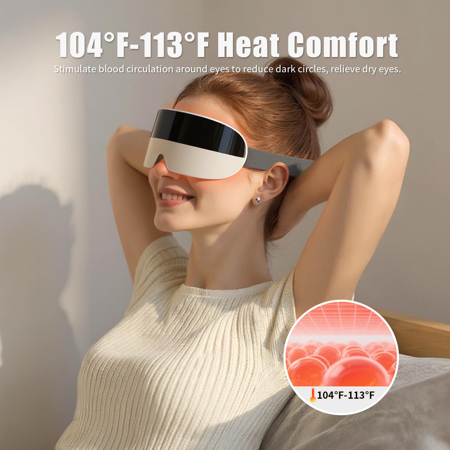 PHOFAY Masajeador de ojos con música, calefacción, modos de compresión, diadema ajustable, dispositivo portátil recargable para el cuidado de los ojos para relajación y alivio de la fatiga (negro y