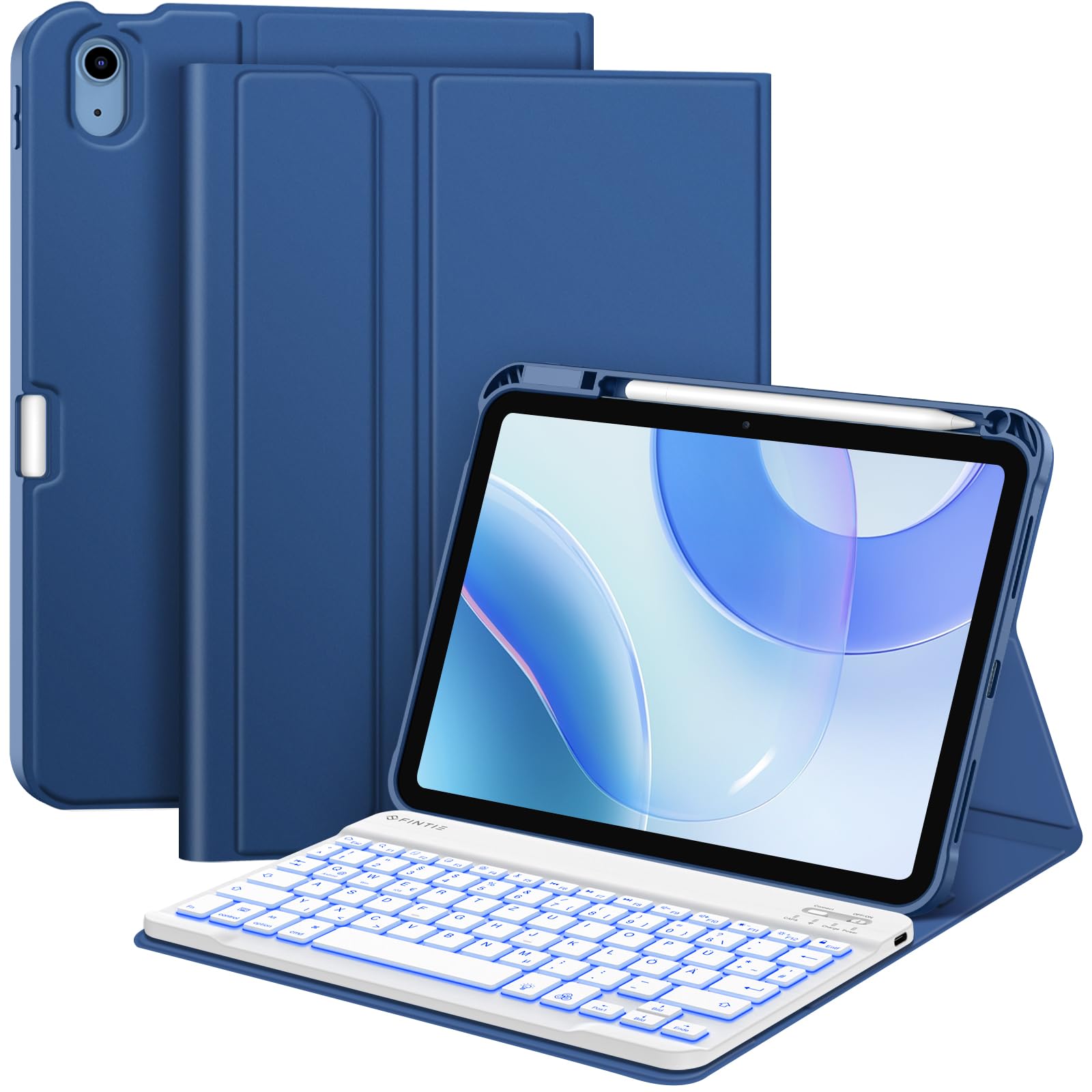 FINTIE Hülle mit Tastatur für iPad A16 11 Generation/10 Gen (11/10.9 Zoll, 2025/2022), 7-farbige Hintergrundbeleuchtung, Magnetische abnehmbare Bluetooth-Tastatur Hülle mit Stifthalter,
