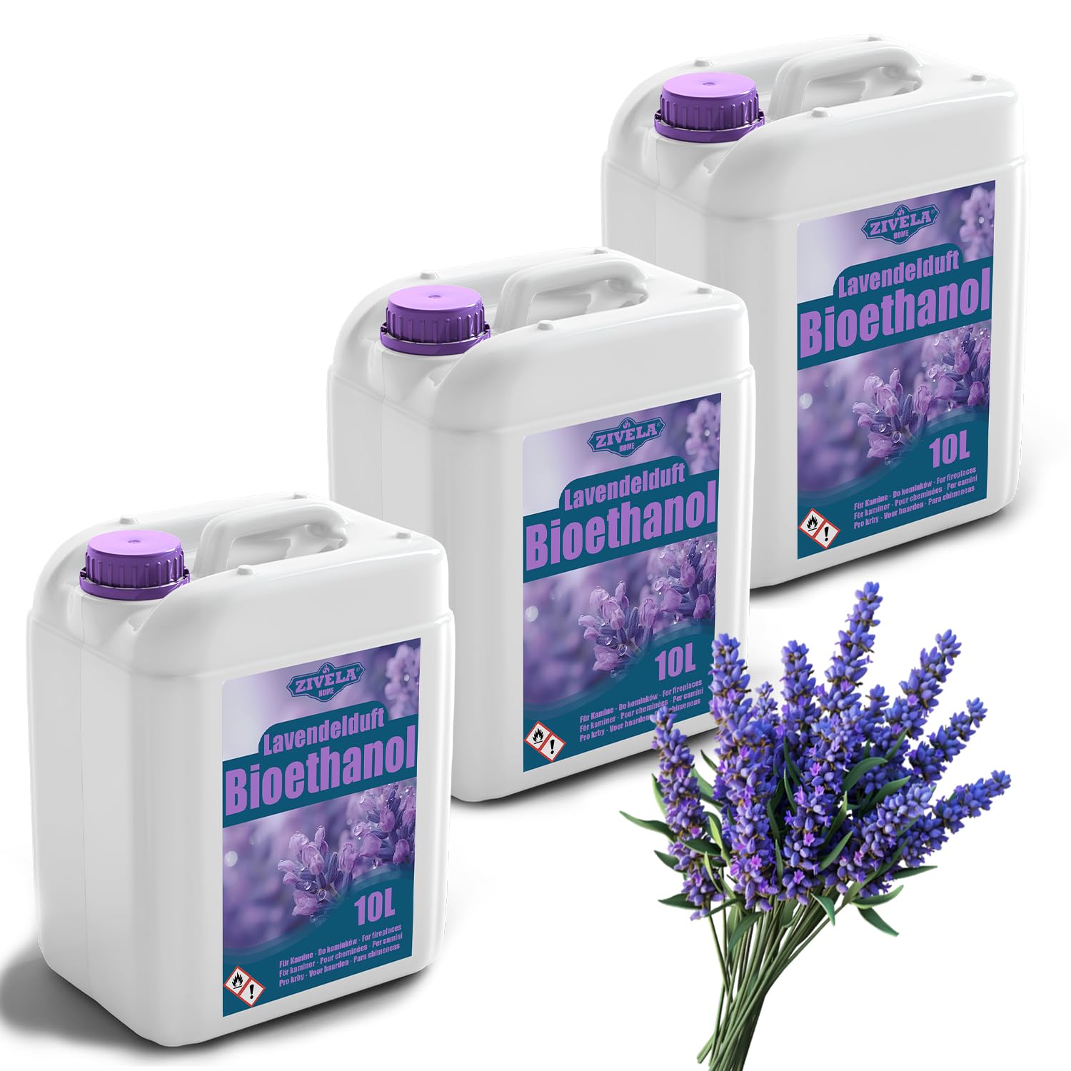 Bioetanolo 96,6% 30 l, profumo di lavanda di alcool biologico 96,6% 3 x 10 l, bioetanolo per camino, camino da tavolo, profumo di lavanda, combustione pulita, senza fumo, fiamma vivida e stabile