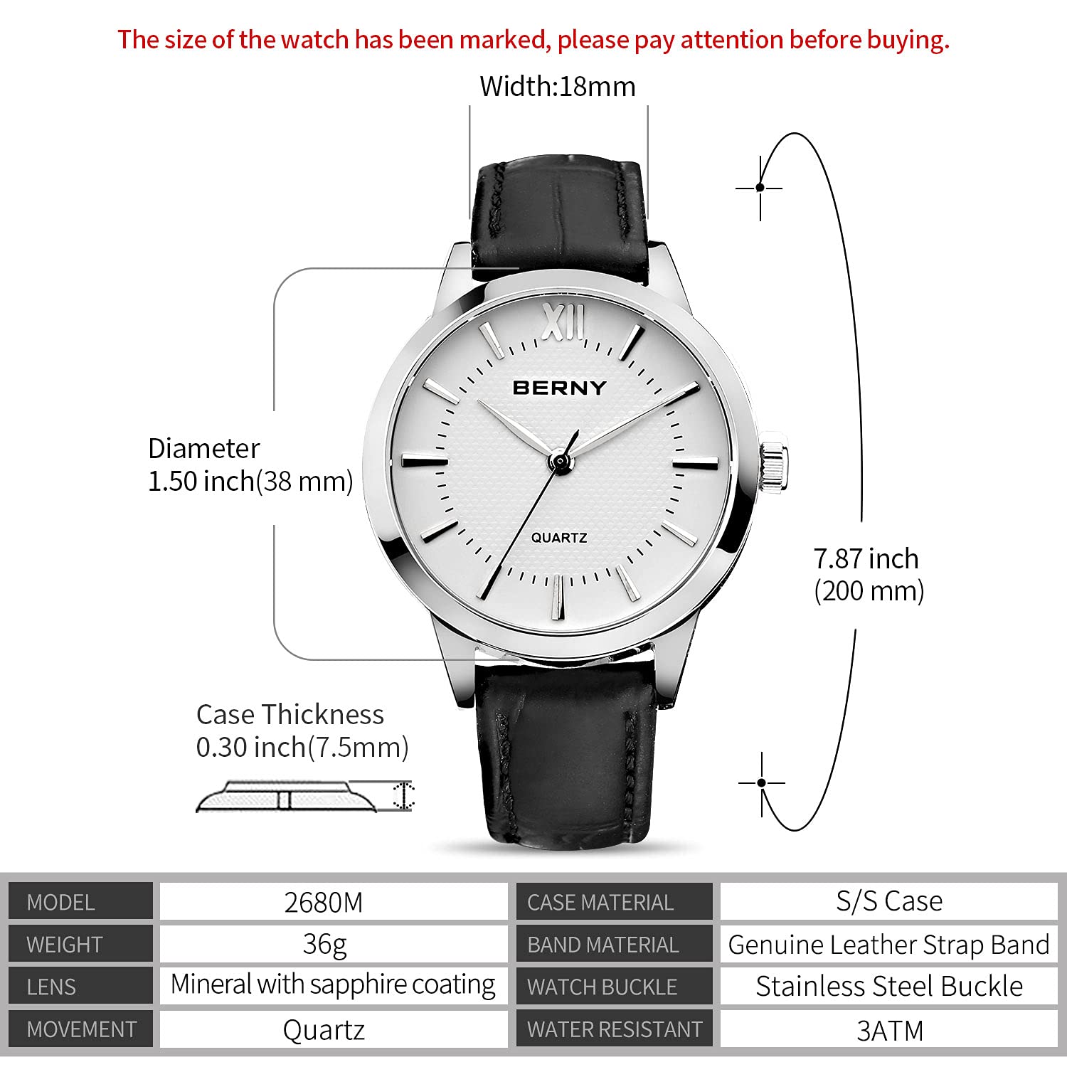BERNY Mens Watch Minimalist Quartz Analog Wristwatch Classic Simple Vintage Black Leather Band White Easy Read Dial