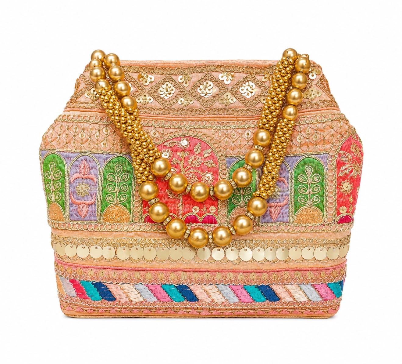 Embroidered Potli Bag with Gold Bead Handles, Peach Multicolour-image-27