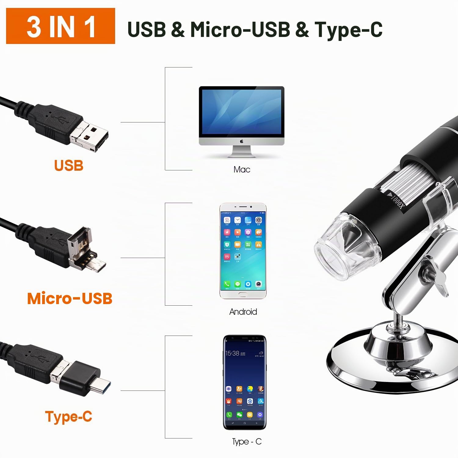 USB Digital Mikroskop, Bysameyee Handheld 40X-1000X Vergrößerung Endoskop, 8 LED Mini Videokamera für Windows 7/8/10 Mac Linux Android (mit OTG)