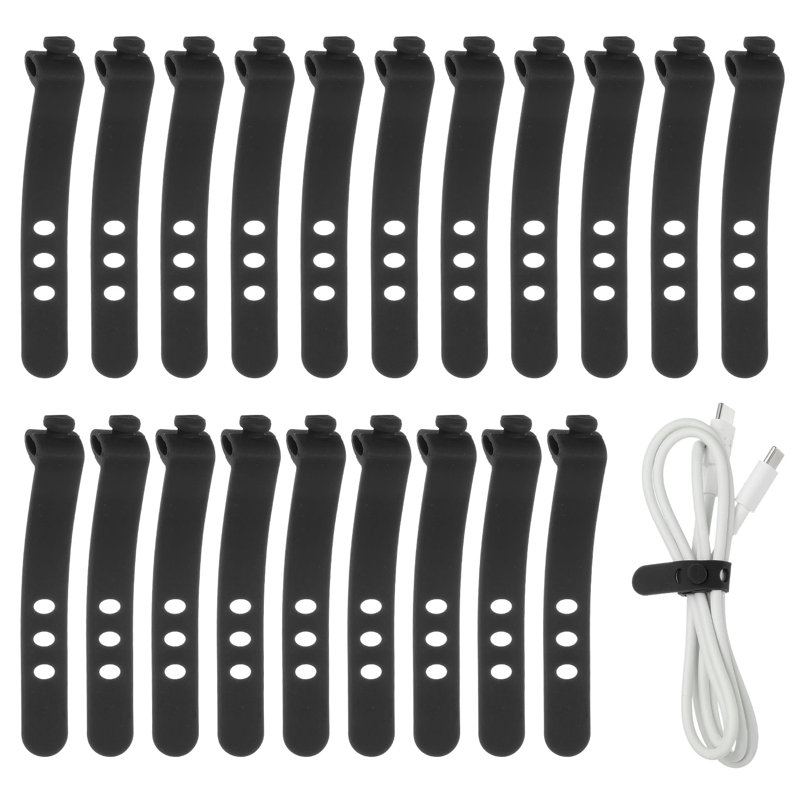 sourcing map 20Pcs Silicone Cable Ties, 3 Hole Reusable Rubber Cord Tie Adjustable Elastic Cord Wraps with Locking Buckle, Multi Purpose Cable Strap for Home Office Travel Wires, Black