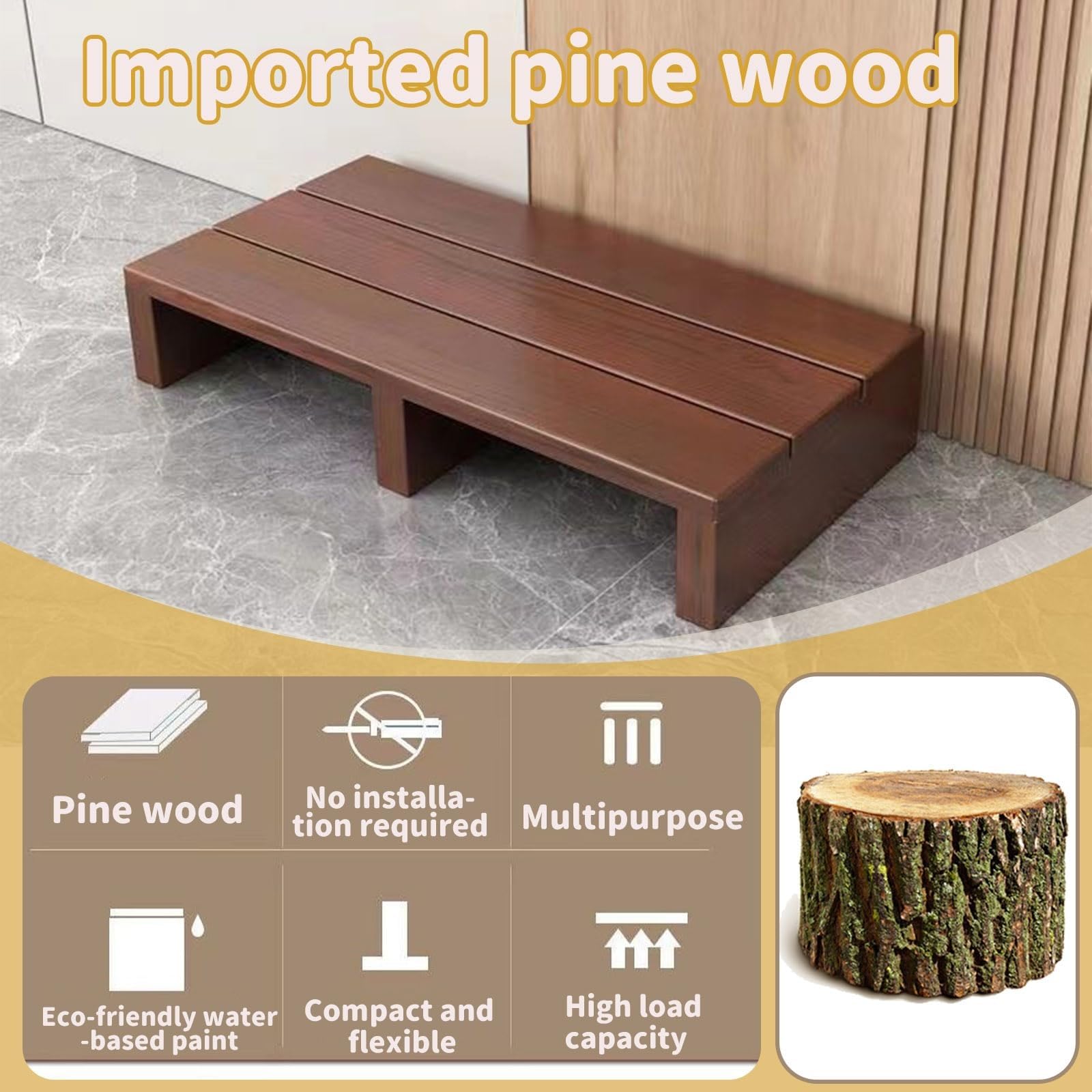 rutschfeste Plattform aus Massivholz, Mobilitätshilfe aus Massivholz mit stabilen Stützbeinen, tragbarer Holz-Trittschemel, hohe Tragfähigkeit, für Badezimmer, Außenbereich(Brown,60x30x15cm)