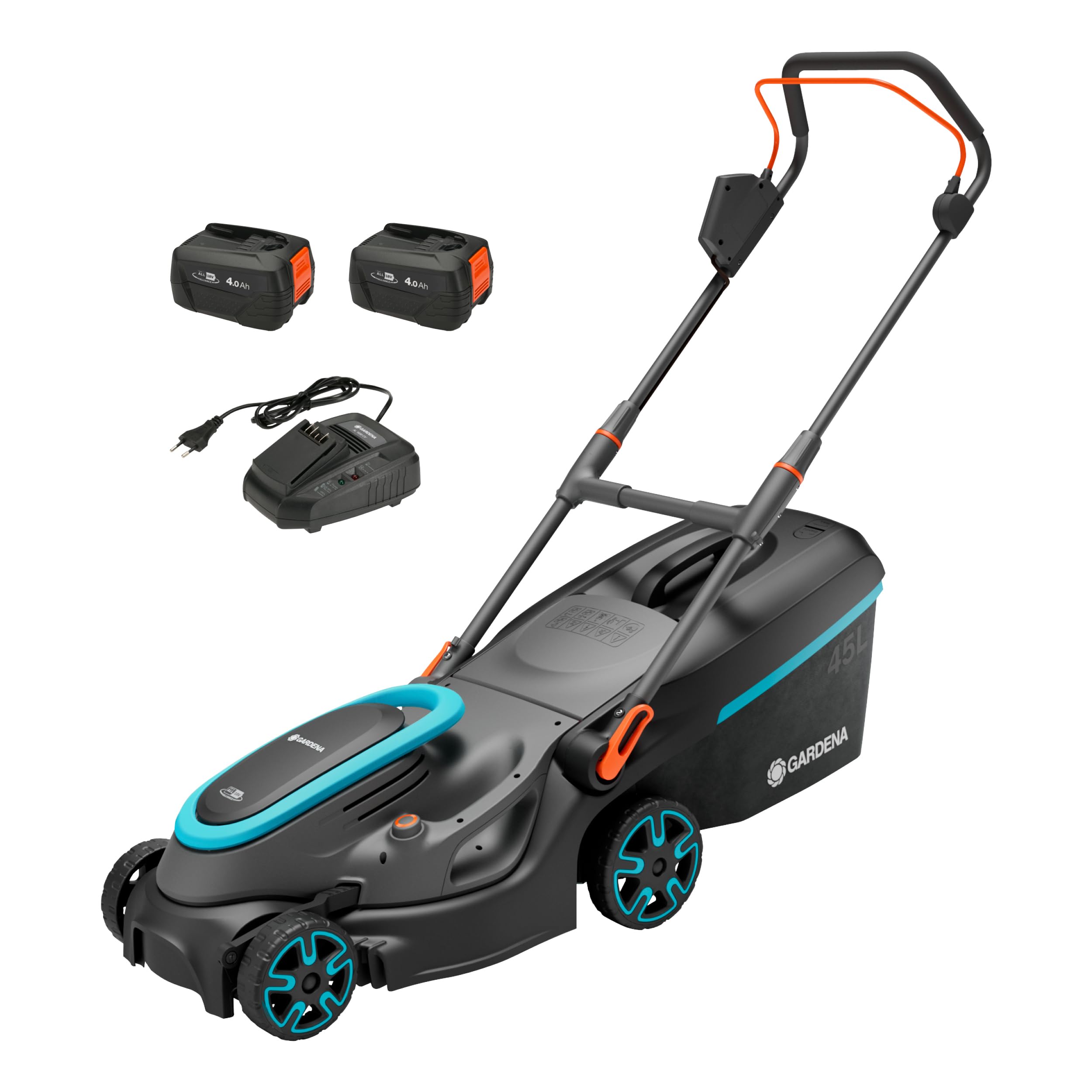 Gardena Akku-Rasenmäher PowerMax 37/36V P4A Ready-to-Use Set: 37 cm Schnittbreite, 45 l Fangkorb, Ergonomisch, Höhenverstellung, Kabellos (14638-20)
