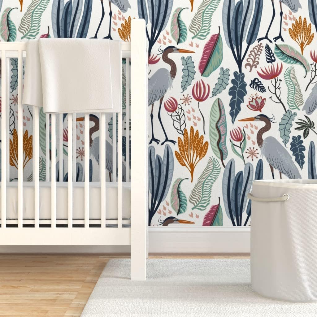 Removable Wallpaper 9ft x 2ft - Heron Botanical Large Scale Cranes Marshland Habitat Custom Pre-Pasted Wallpaper by Spoonflower