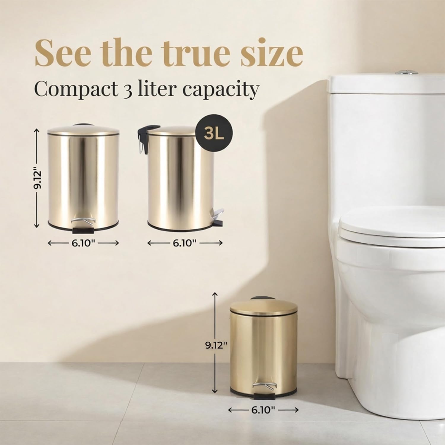 Stylish Brushed Gold Trash Can with Soft Close Lid – 3 Liters (0.8 Gallon) - Compact Metal Waste Bin for Bathroom, Office, or Bedroom - Elegant Pedal Trash Bin with Removable Inner Bucket