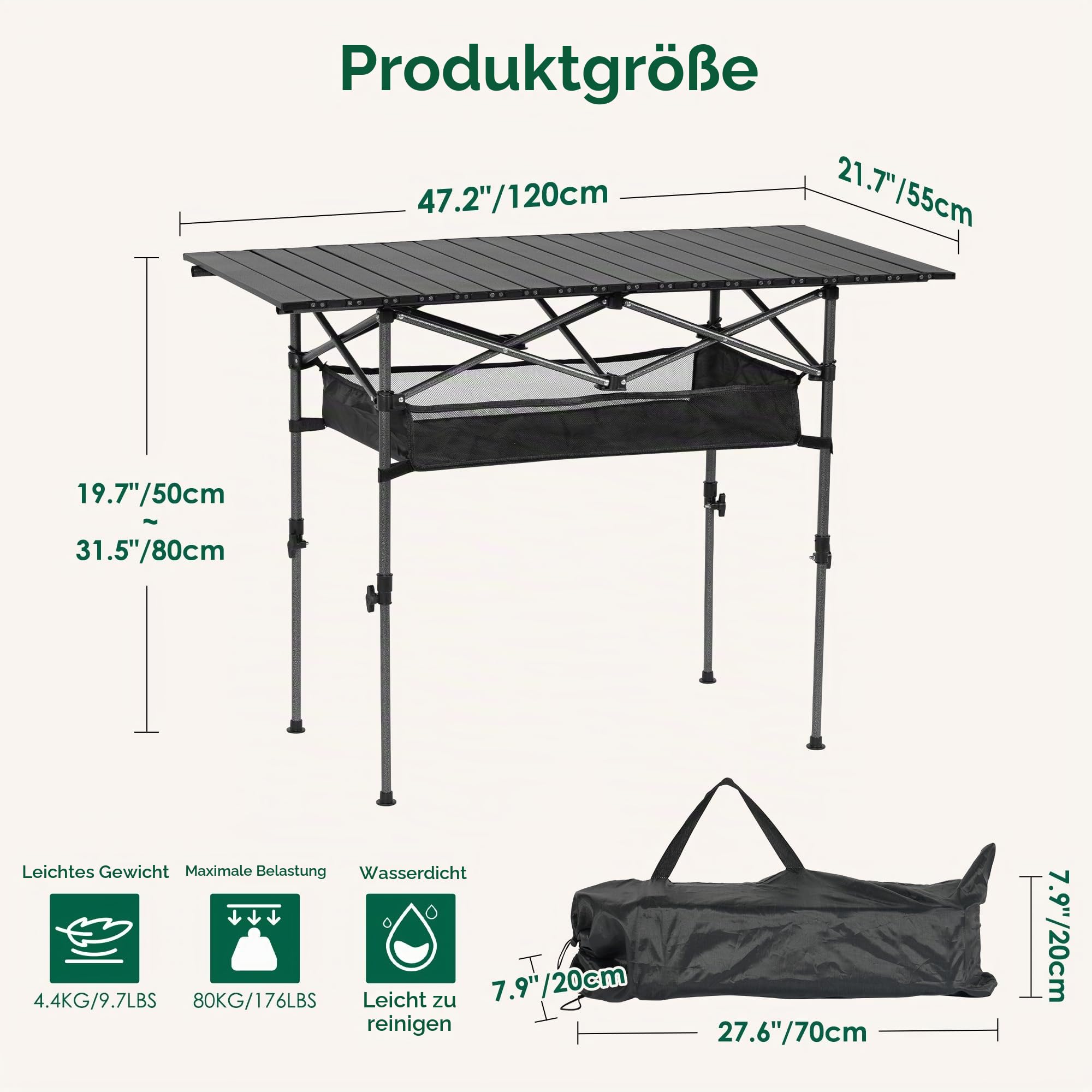 Großer Klapptisch Camping Höhenverstellbar, 120 x 55 cm Tragbarer Outdoor Picknicktisch mit Aufbewahrungsnetz & Tragetasche, Stabiler Rolltisch aus Carbonstahl für Camping, Grillen, Angeln