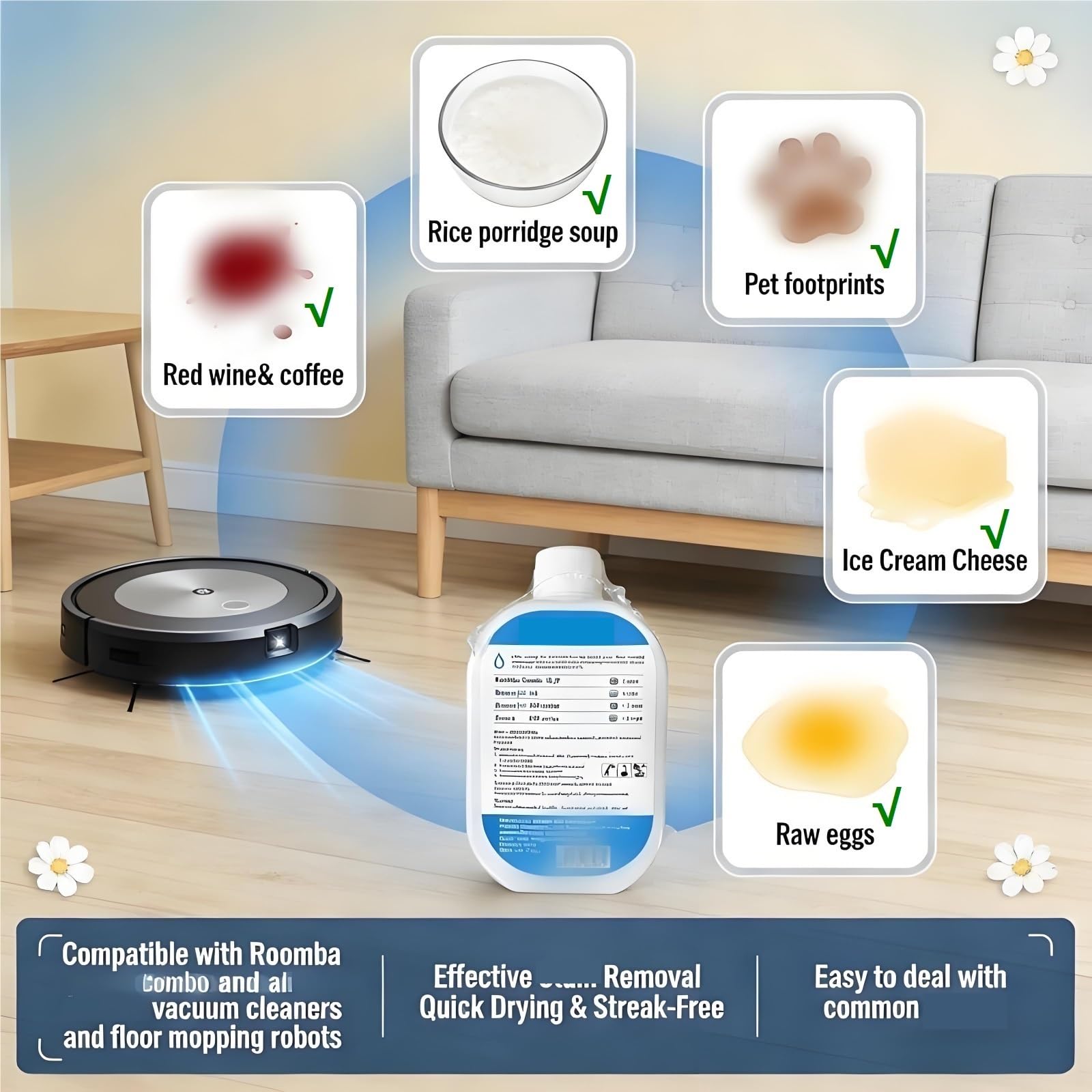 Solution nettoyante pour sols compatible avec Braava Jet 240/244/245/250/290/380t, 300 ml – Sans traces pour parquet et carrelage(5 bottle)