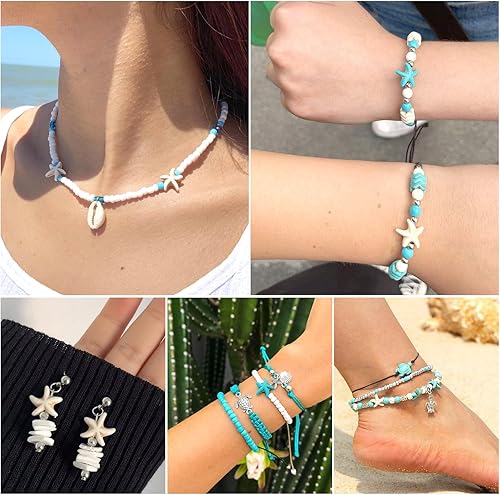 Miniatura 4 de Beadthoven - Juego de 160 piezas de joyería con tema oceánico con cuentas de turquesa, estrella de mar, tortuga, delfín, sirena, colgantes,