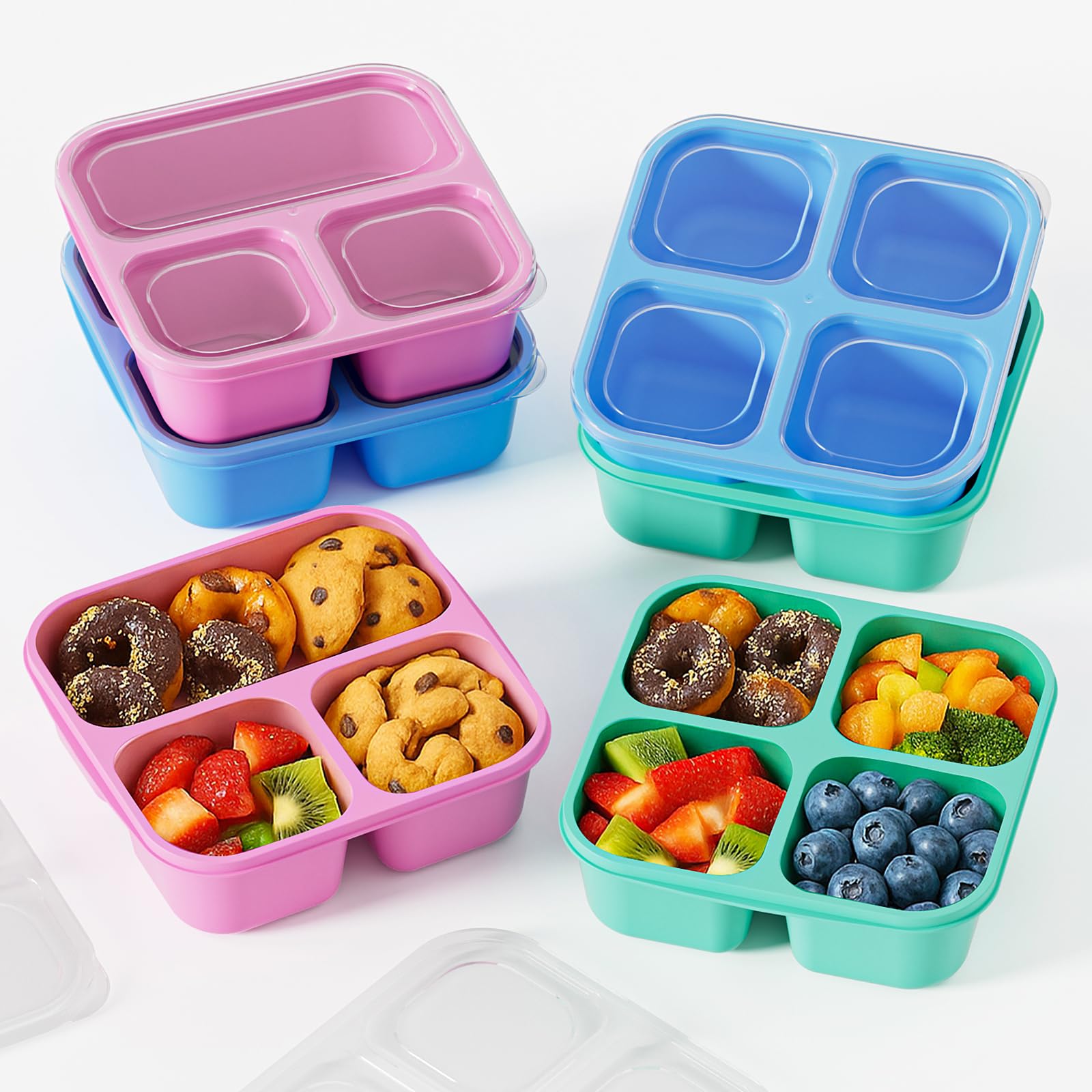 Canfanni 6 Pcs Snack Box Container Set, Reusable 3&4 Compartment Meal Prep Snack Containers for Adults Kids Toddler, BPA-Free Divided Lunchable