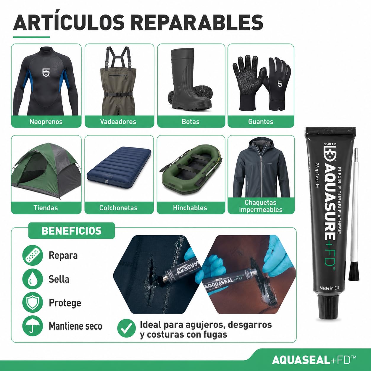 Gear Aid Aquasure +FD, flexible und wasserdichte Aufkleber aus Polyurethan, 2 Tuben à 28 g, für Neopren, Wathosen, Matten und Outdoor-Ausrüstung, 2 Stück