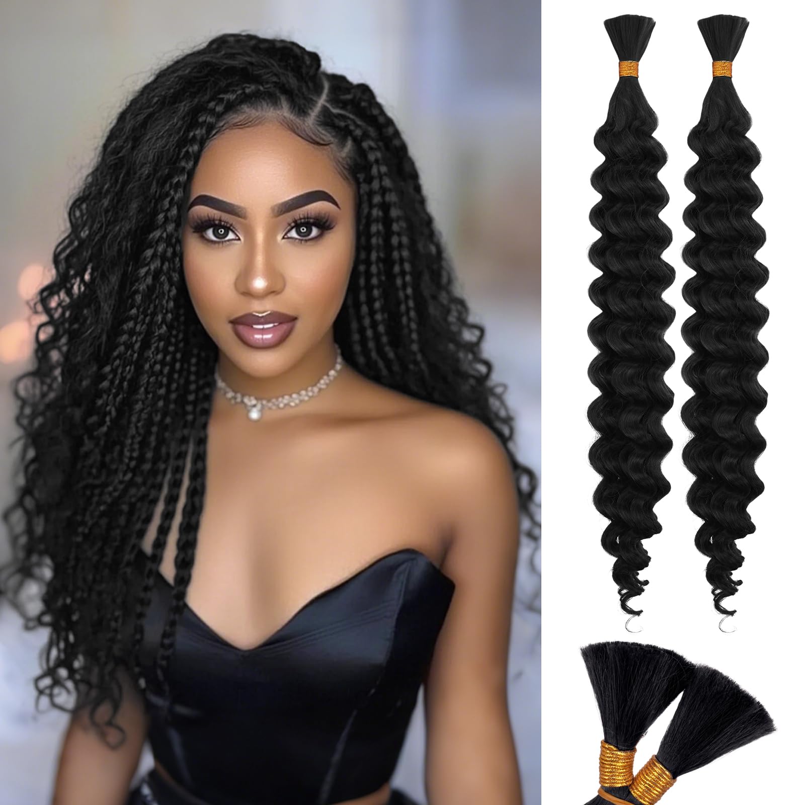 RUWISS 20 Inch Deep Wave Braiding Crochet Hair Extensions for Boho Braids Synthetic Curly Hair Extension for Black Women 2 Bundles/Pack (120g