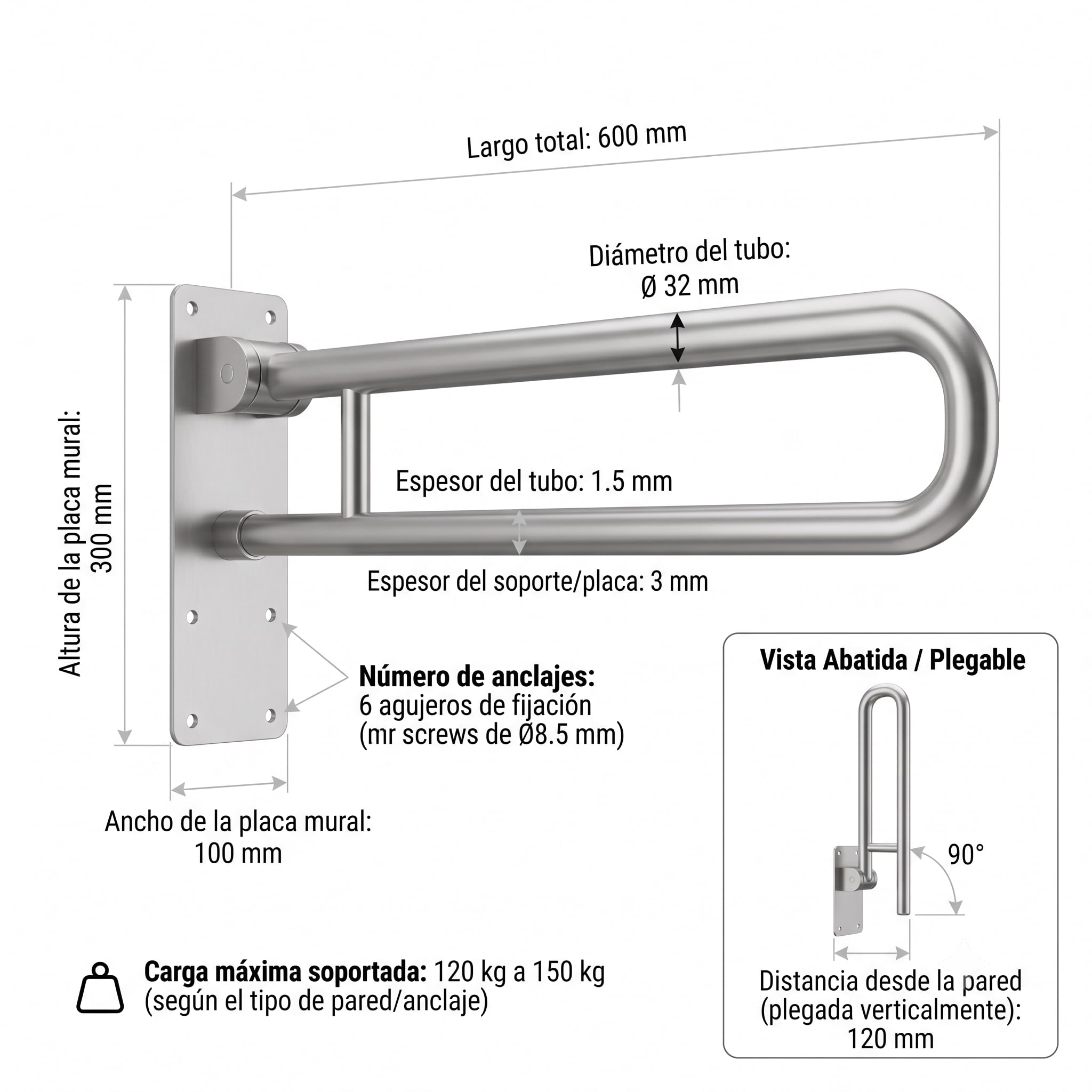 Barra Abatible de Baño y WC 73 cm, Acero Inoxidable Cromado con Portarrollos, Asidero de Seguridad para Mayores