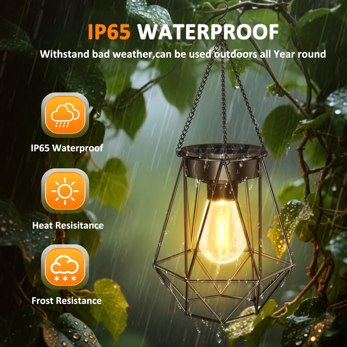Solar Lights Outdoor Garden, 2 Pack Hanging Lanterns with Bulb Chain Hook, Metal Lantern Outdoor Garden Light Warm White - Image 4