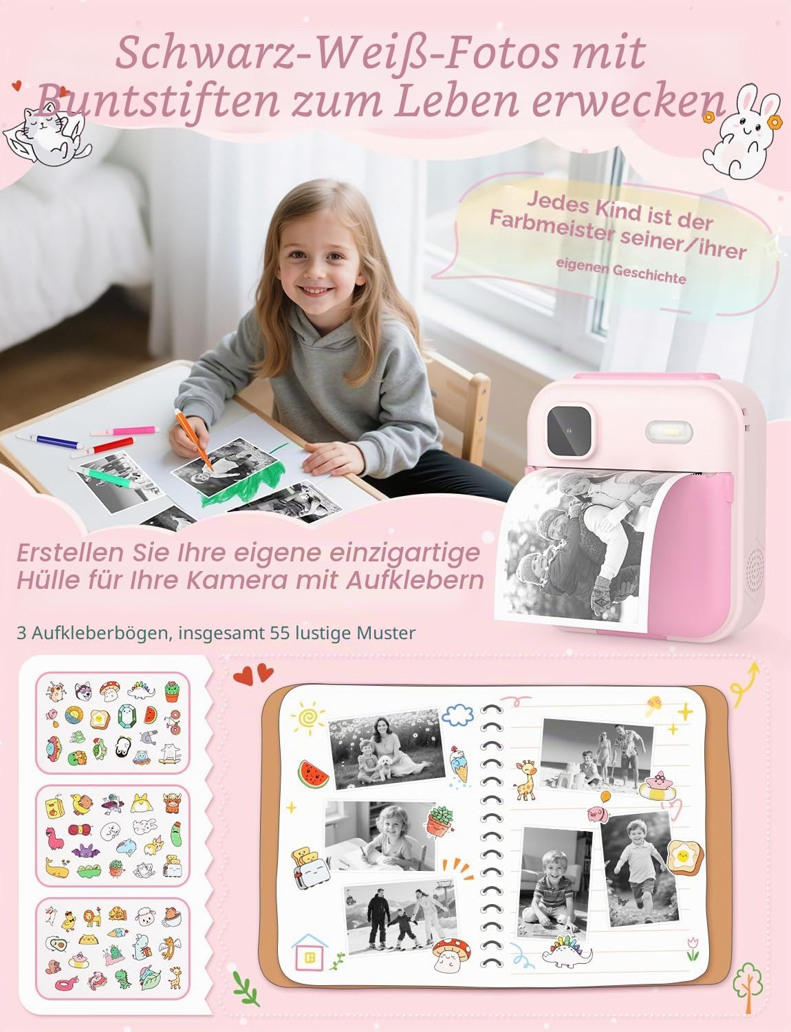 YOHOOLYO Sofortbildkamera Kinder 2,4 Zoll 1080P HD Kinderkamera mit 3 Rollen Druckpapier 32GB Karte Farbigen Stiften Aufkleber Geschenke für Jungen und Mädchen 3-12 Jahre (Rosa)