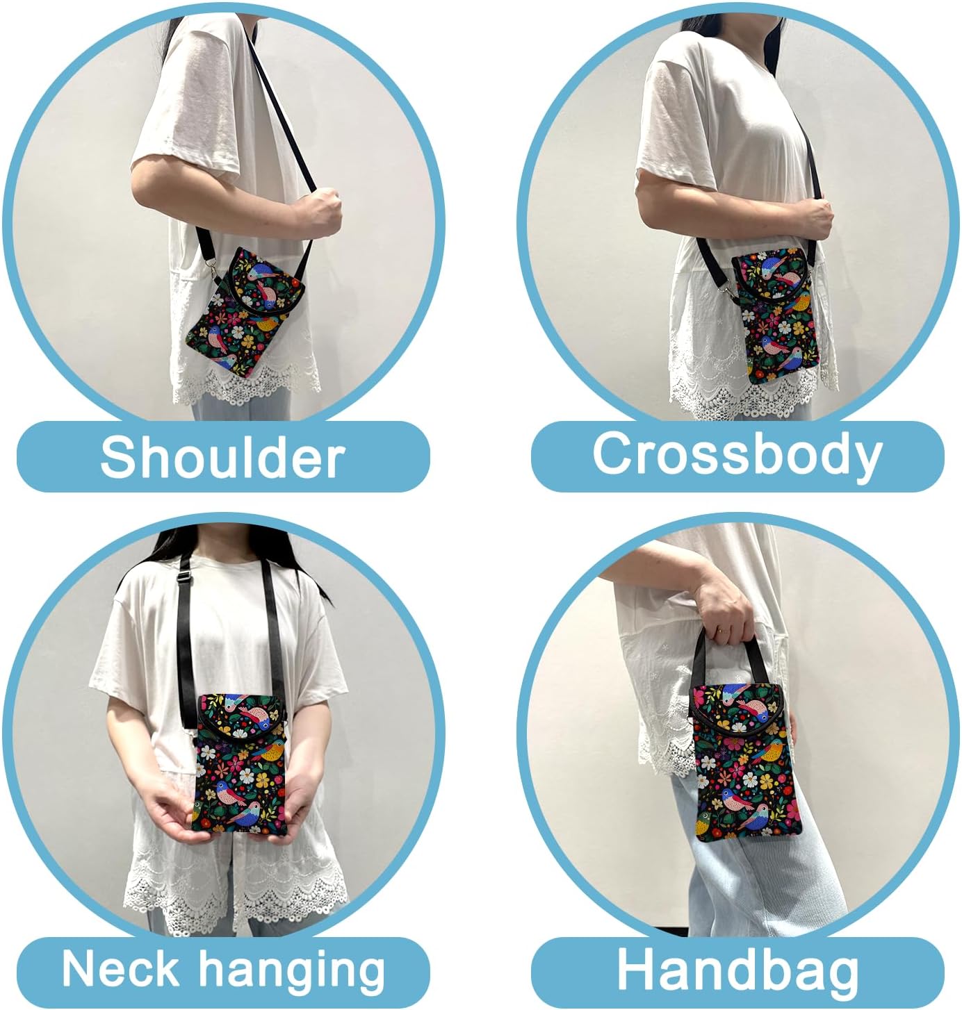 Neoprene Cell Phone Sleeve Pouch Case Bag with Crossbody Strap Neck Lanyard for Women 7.5 X 4.3 in Flower Bird - Image 3